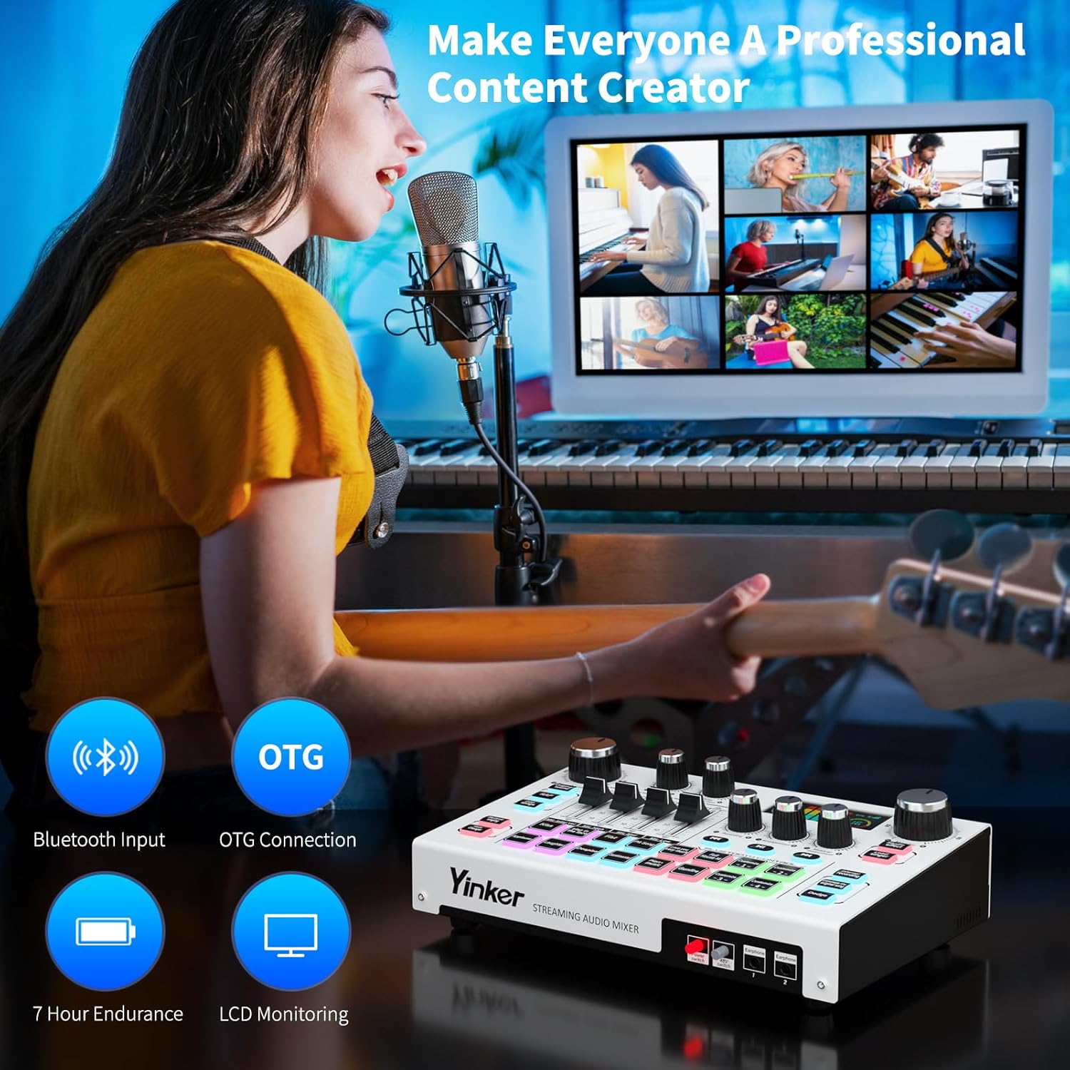 Streaming Audio Mixer, LCD Gaming Audio Mixer Interface, Live Sound Card with Bluetooth, 48V Phantom Power for Live Streaming Podcast, Recording, Gaming