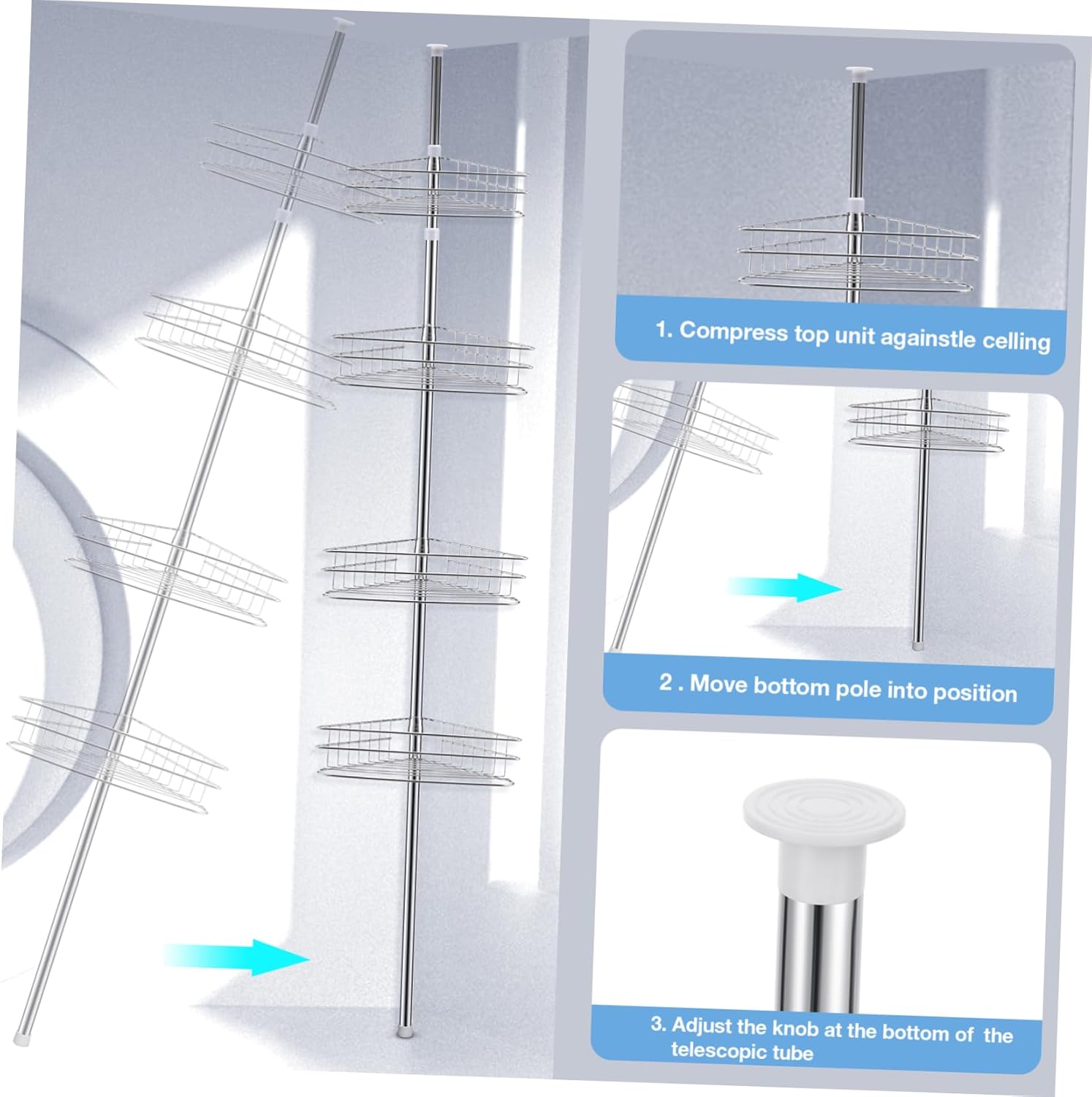 Cabilock 4tier Telescoping Corner Shower Rack Tension Pole Organizer for Bathroom No-Drill Easy Installation Rustproof with Quick Drying Baskets Storage