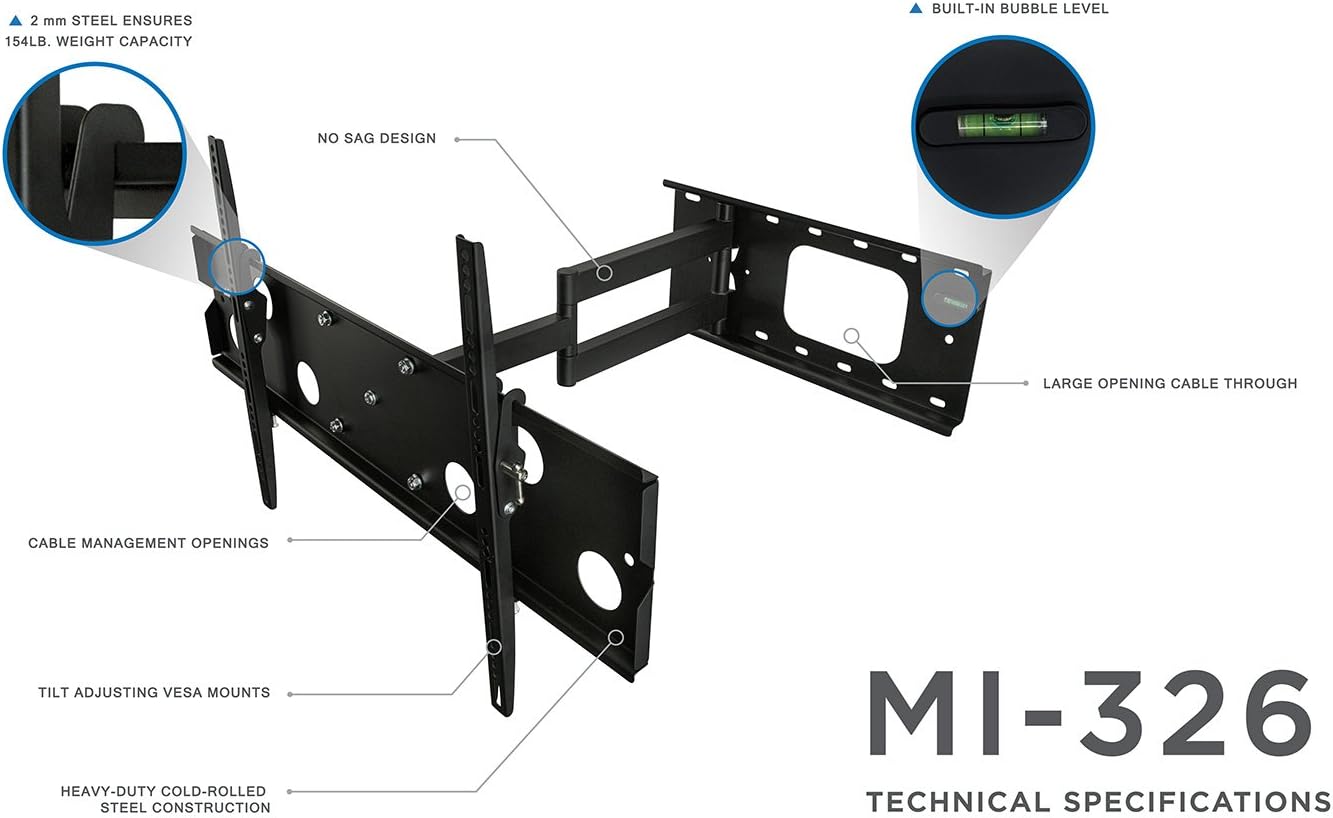 Mount-It! Extended Articulating TV Wall Mount Low-Profile Full Motion Tilting Corner Bracket for 32-60 Inch Flat Screen, VESA up to 750x450, 175 lb Capacity (MI-326B)