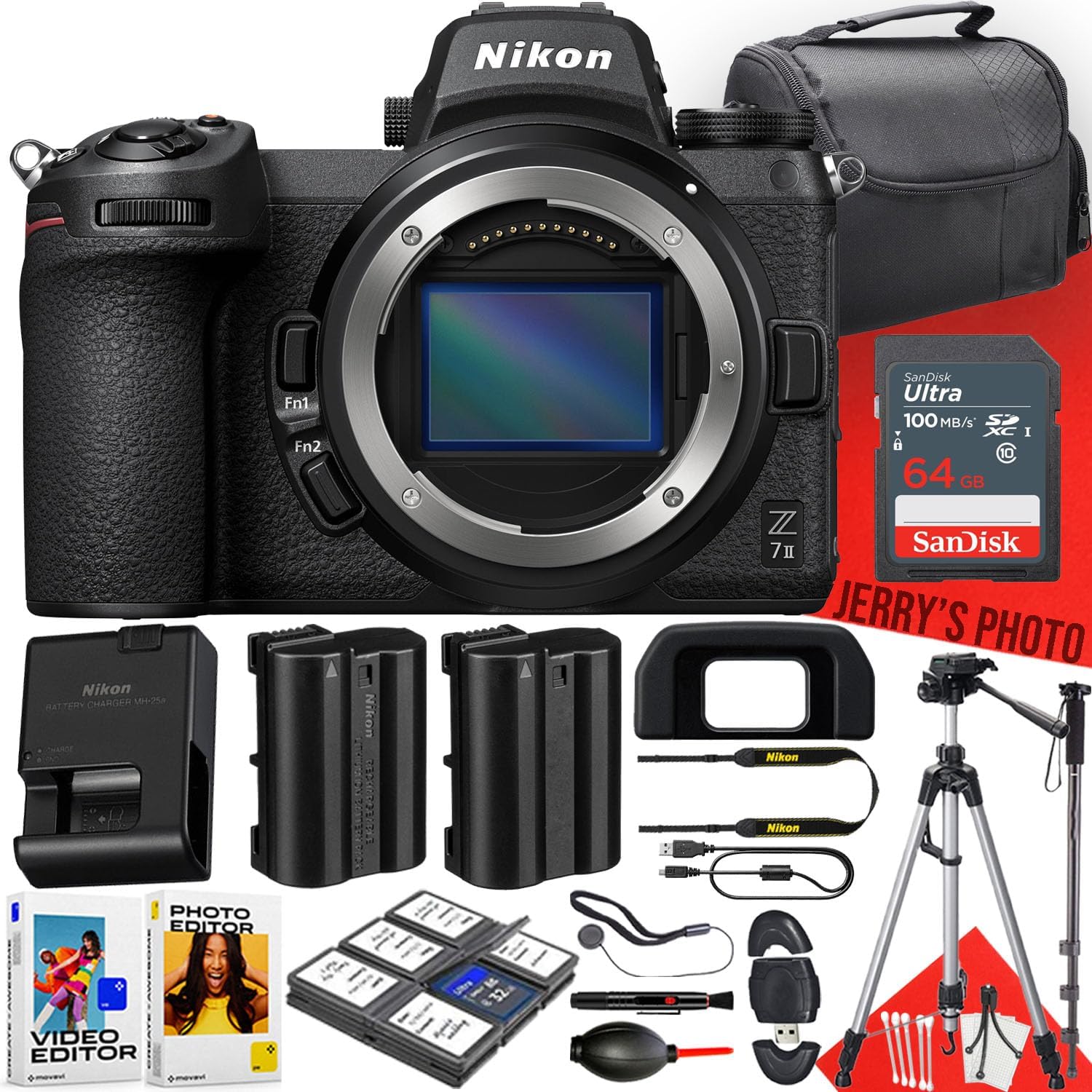 Nikon Z7 II Mirrorless Camera (Body Only) + 64 GB Memory + Tripod + Monopod + Extra Battery + Deluxe Cleaning Kit + More (22pc Bundle) (Renewed)