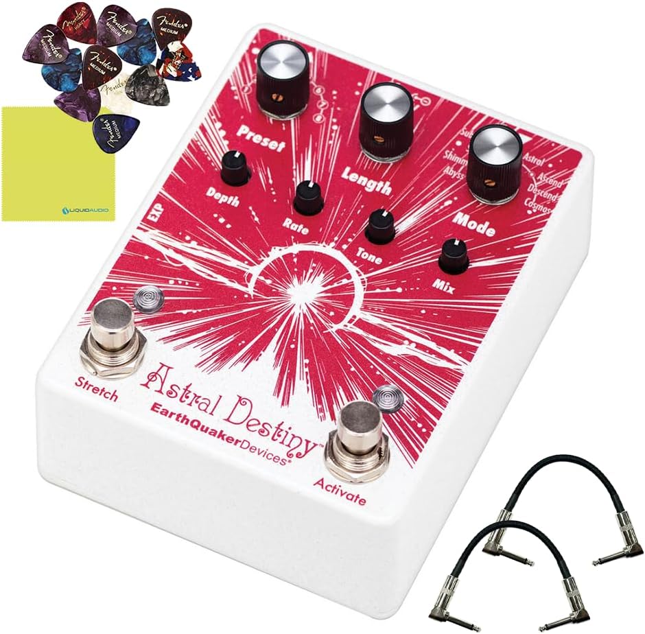 EarthQuaker Devices Astral Destiny™ An Octal Octave Reverberation Odyssey Bundle w/2x Strukture S6P48 Woven Right Angle Patch Cables, 12x Guitar Picks and Liquid Audio Polishing Cloth