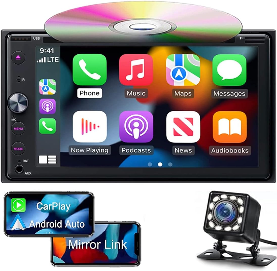 6.2 inch Double Din Car Stereo HD Touchscreen Carplay, Android Auto Bluetooth Multimedia DVD CD Radio Player, Car Play Mirror Link Car Audio Receiver with Backup Camera,RDS AM FM USB SD AUX