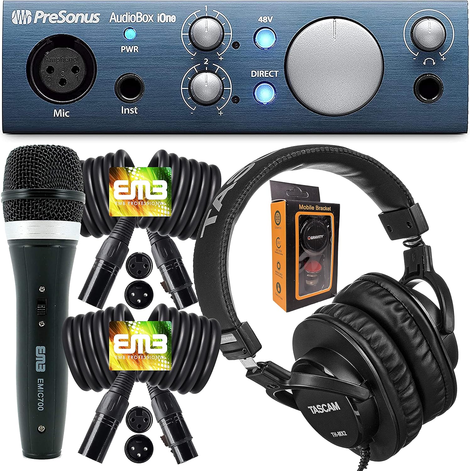 PreSonus AudioBox iOne 2x2 USB/iPad Audio Interface with Studio One Artist and Ableton Live Lite DAW Recording Software with EMB Cable and Microphone Package PK2 Bundle