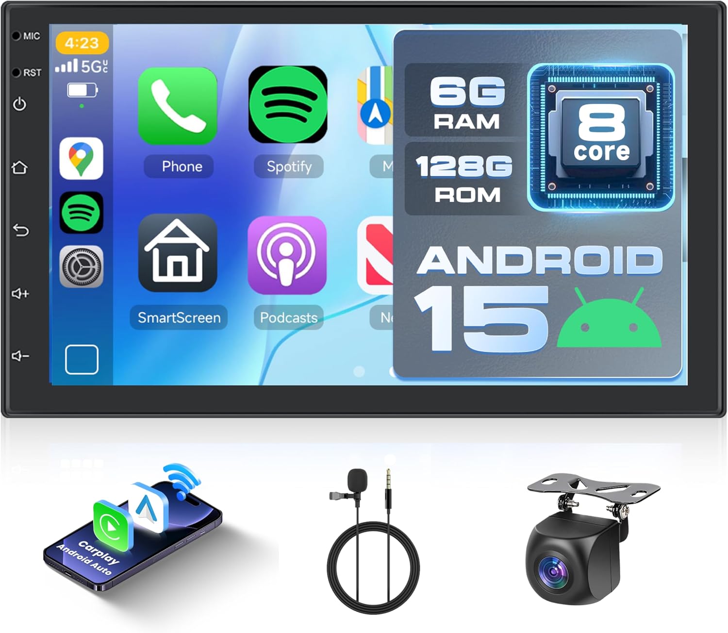 Hodozzy [6G+128G] 8-Core Android Car Radio 7 inch Wireless CarPlay Wireless Android Auto Double DIN Radio, Touch Screen Car Radio with Bluetooth,GPS,WiFi,DSP AM/RDS/FM Radio MirrorLink,with Camera