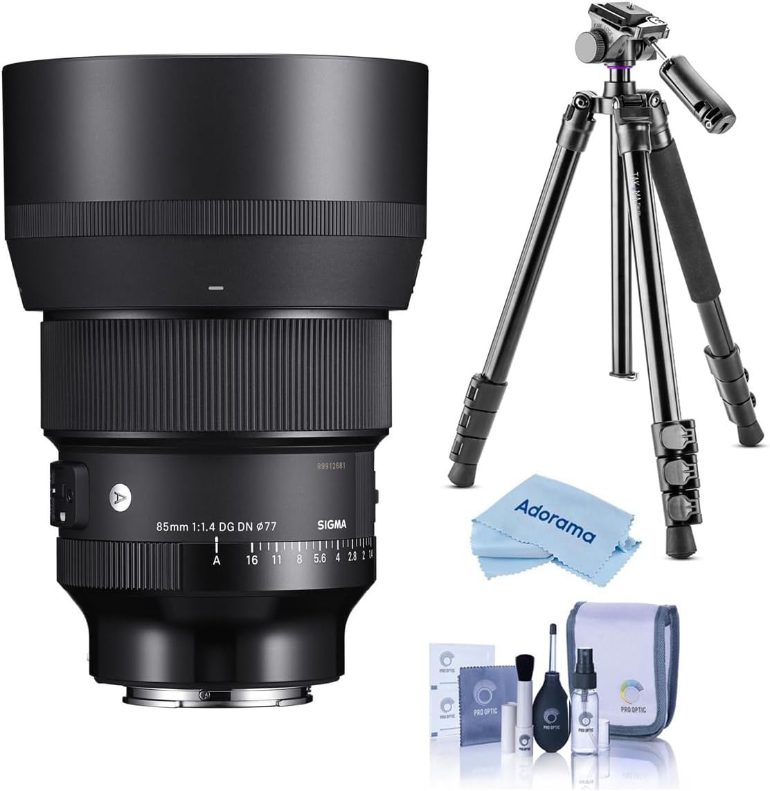 Sigma 85mm f/1.4 DG DN ART Lens for Sony E, Bundle with Takama 3-Section Aluminum Video Tripod with Fluid Head, Cleaning Kit, Cloth