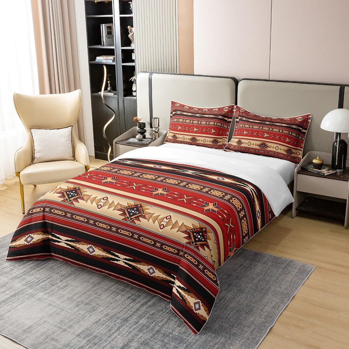 100% Cotton Aztec Bedding Set Ethnic Tribal Arrow Duvet Cover,Vintage Southwestern Native Bohemian Comforter Cover Queen,Western Star Bed Set Exotic Geometric Diamond Stripes Room Decor,Red and Black
