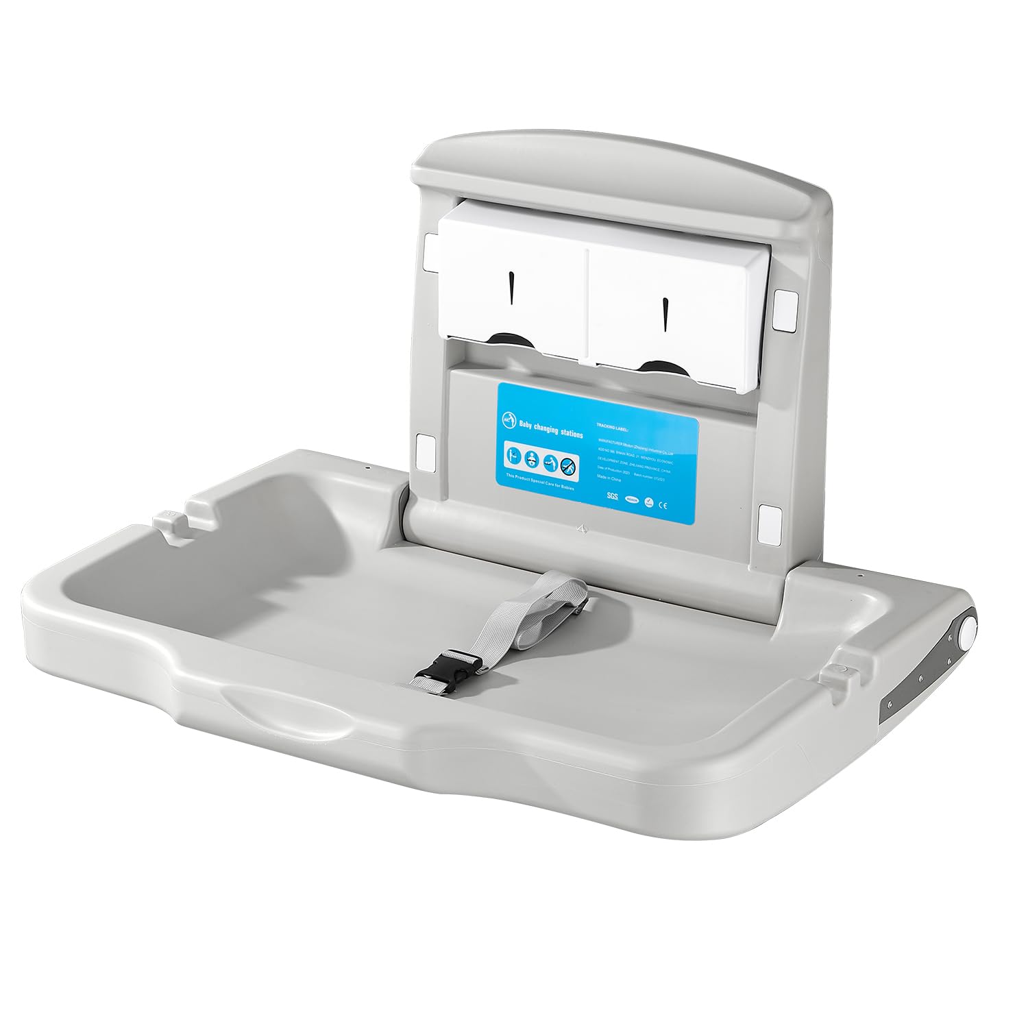 Fold-Down Baby Changing Diaper Station - Horizontal Wall Mounted, Sturdy & Durable with Safety Straps for Commercial Bathrooms, Granite