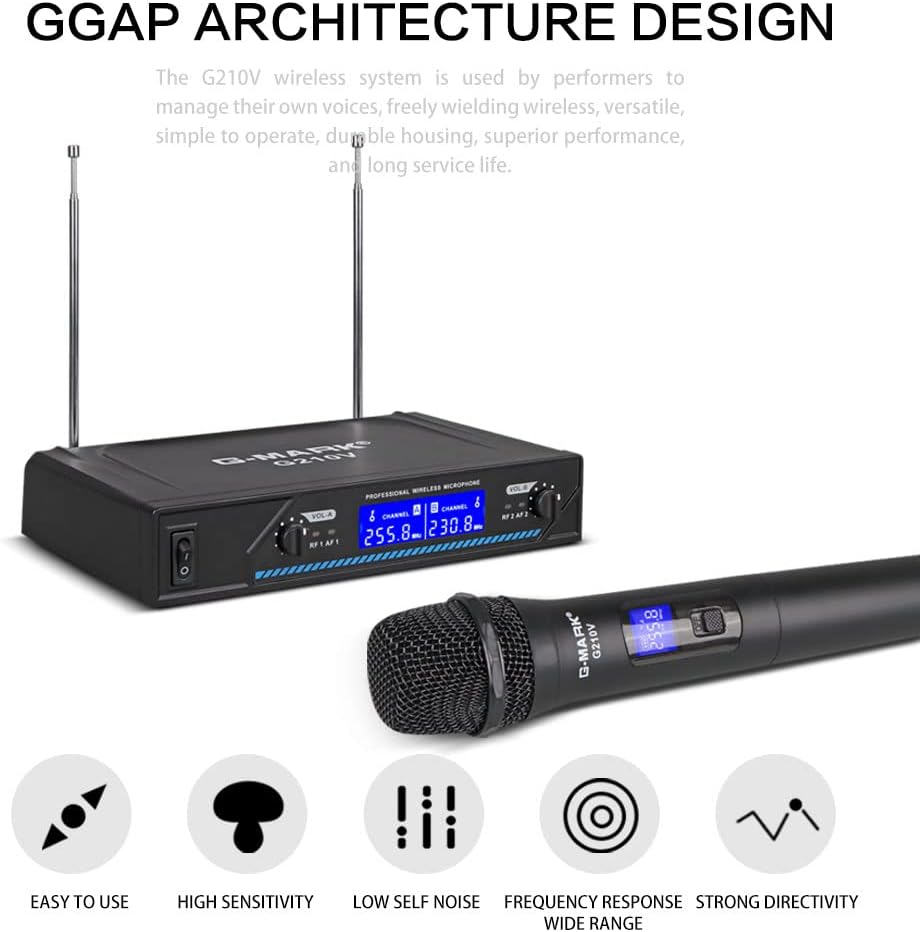 G-MARK G210V Wireless Microphone, Metal Dual Professional VHF Cordless Dynamic Mic Handheld Microphone System for Home Karaoke, Meeting, Party, Church, DJ, Wedding, Home KTV Set, 200ft