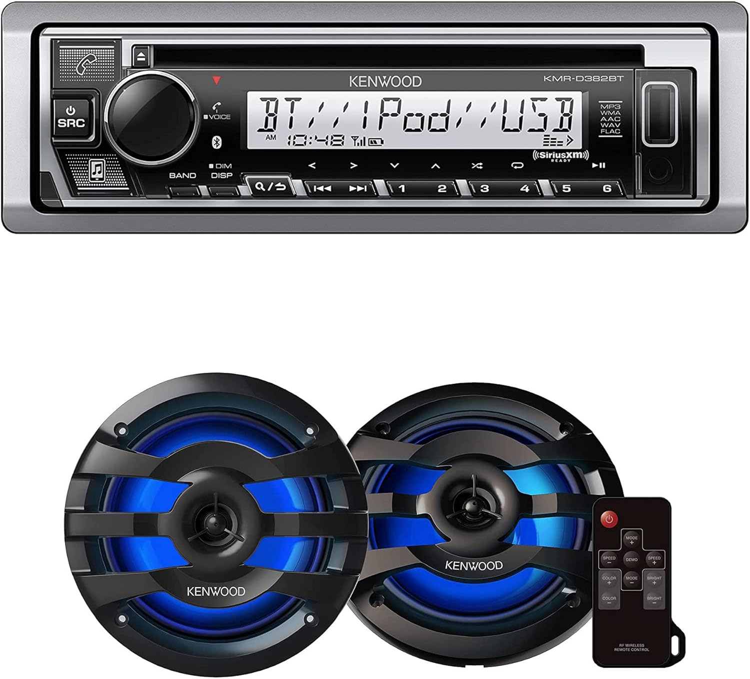 KENWOOD KMR-D382BT Car & Marine Stereo - Single Din, Bluetooth Audio, CD USB MP3, Aux in, AM FM Radio SiriusXM Ready, Weatherproof | Plus KENWOOD KFC-1673MRBL 6.75