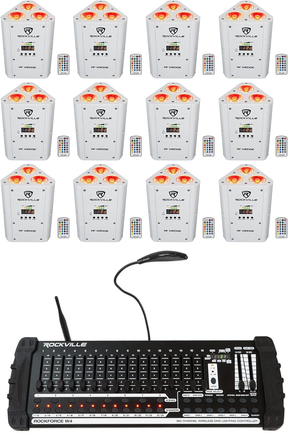 (12) Rockville RF Wedge White RGBWA+UV Wireless DMX Up Lights+384 Ch. Controller