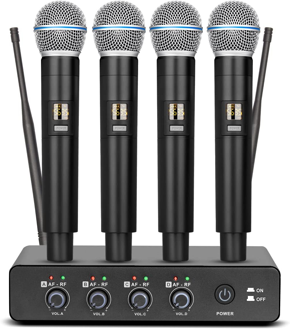 Depusheng R4 Karaoke Wireless Microphones Professional 4 Channels Handheld Wireless Microphone System Metal Dynamic Mic for Karaoke Singing, House Party, Church, Performance