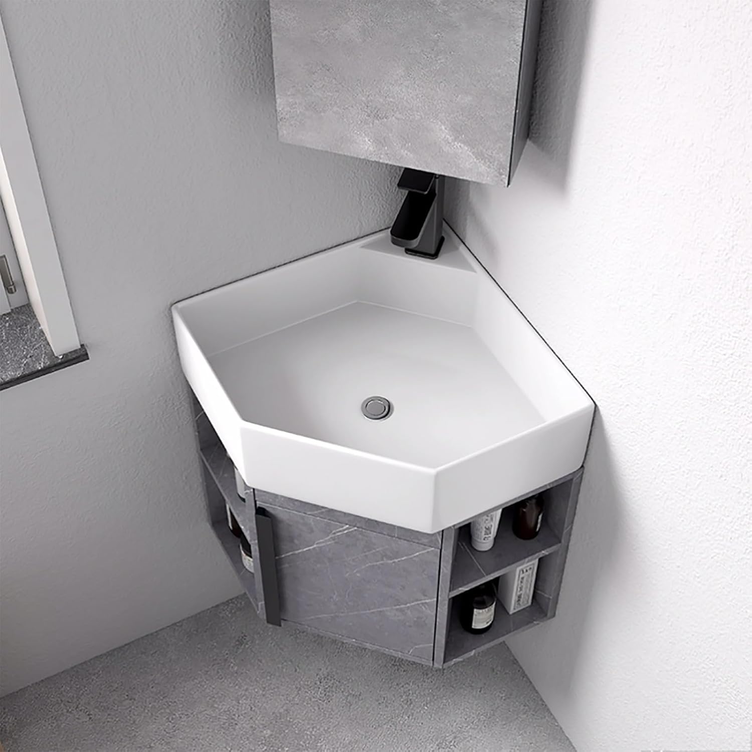 Corner Wall Mount Bathroom Sink Corner Bathroom Sink Corner Ceramic Sink Corner Bathroom Vanity Corner Bathroom Vanity with Sink Corner Balcony Sink with Storage Container(17.7in/45cm)