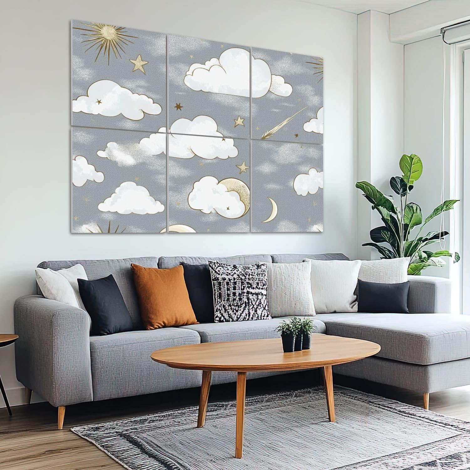 6 Pack Art Acoustic Panels Sound Absorbing Light Grey Clouds Stars Moon Sunburst Shooting Star Soft Colors Decorative Soundproof Wall Panels Self Adhesive for Recording Studios Office 72