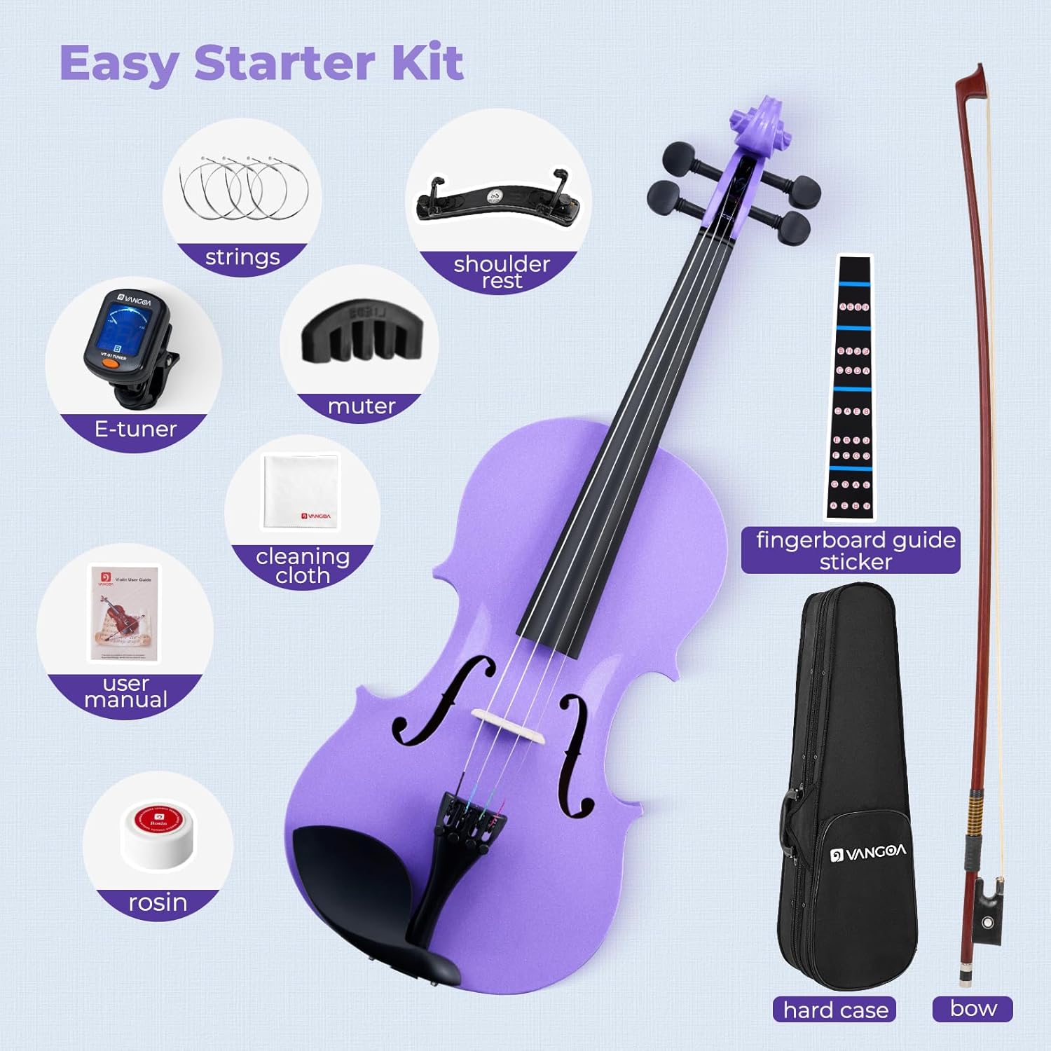 Vangoa Purple Violin 4/4 Size + 38inch 5 String Banjo Music Ultimate Bundle for Beginners Teenagers and Adults - Complete Starter Kits with Full Accessories - Ideal Musical Gift Bundle