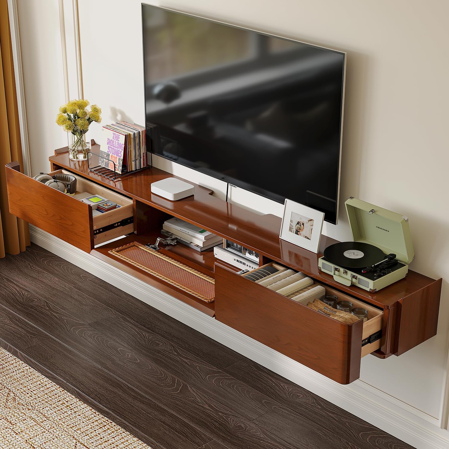 FurniNova Fully Assembled Floating TV Stand Wall Mounted 94'',High Gloss Floating Media Console with 2 Drawers & Rattan Door, Under TV Shelf for Living Room Bedroom Entertainment Center,Walnut