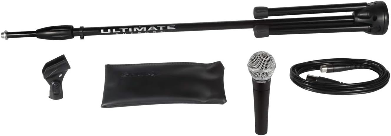Shure SM58 Pro XLR Dynamic Microphone Stage Performance Kit with 15-Foot XLR-XLR Cable, Stand, A25D Clip and Bag - Professional Studio & Live Performance Cardioid Mic for Vocals (SM58-CN BTS)