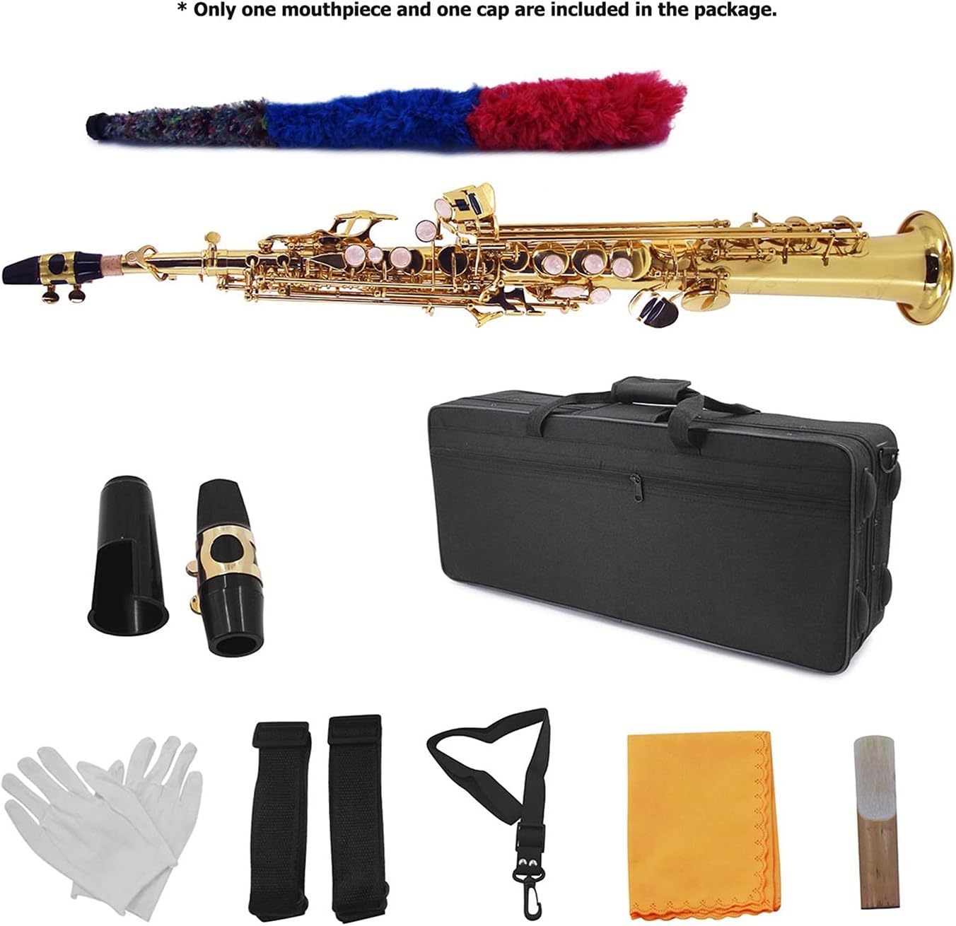 Sax Beginners Kit Straight Bb Soprano Saxophone Brass Lacquered Gold Woodwind Instrument with Carrying Case Wind Instrument