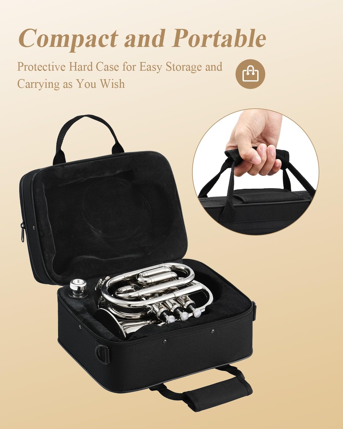 Eastar Pocket Trumpet B Flat for Beginners Students, Brass Trumpet Mouthpiece 7C, Cleaning Kit, Hard Case, Gloves, ETR-330N, Nickel