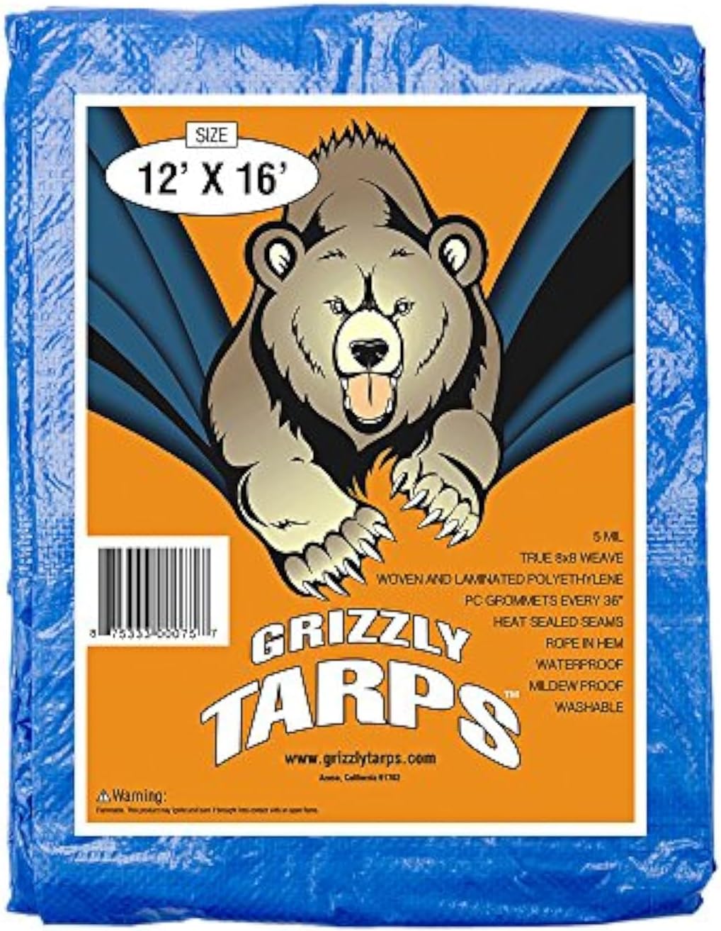 Grizzly Tarps by B-Air 12' x 16' Large Multi-Purpose Waterproof Heavy Duty Poly Tarp with Grommets Every 36