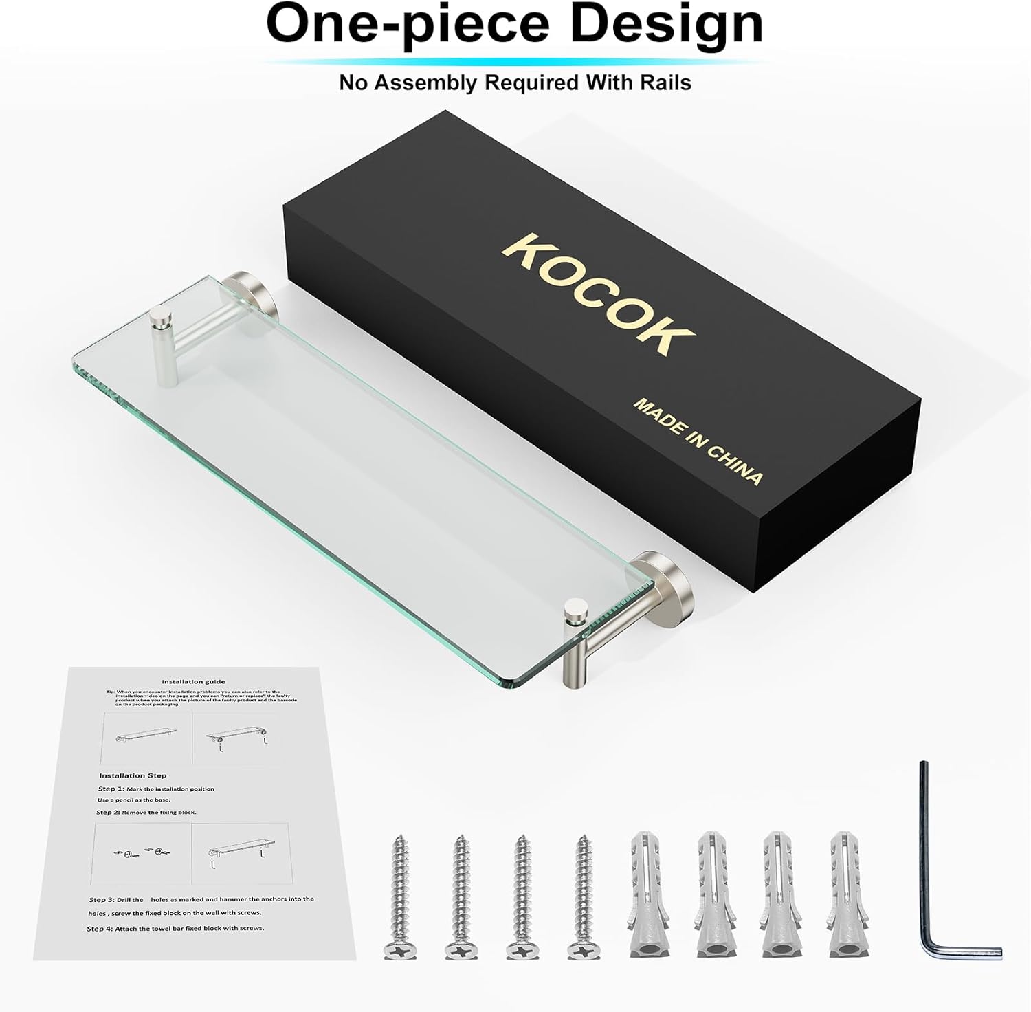 Glass Shelf for Bathroom 2 Pack,16-Inches Floating Glass Shelves Towel Bar/Track(Brushed Nickel)