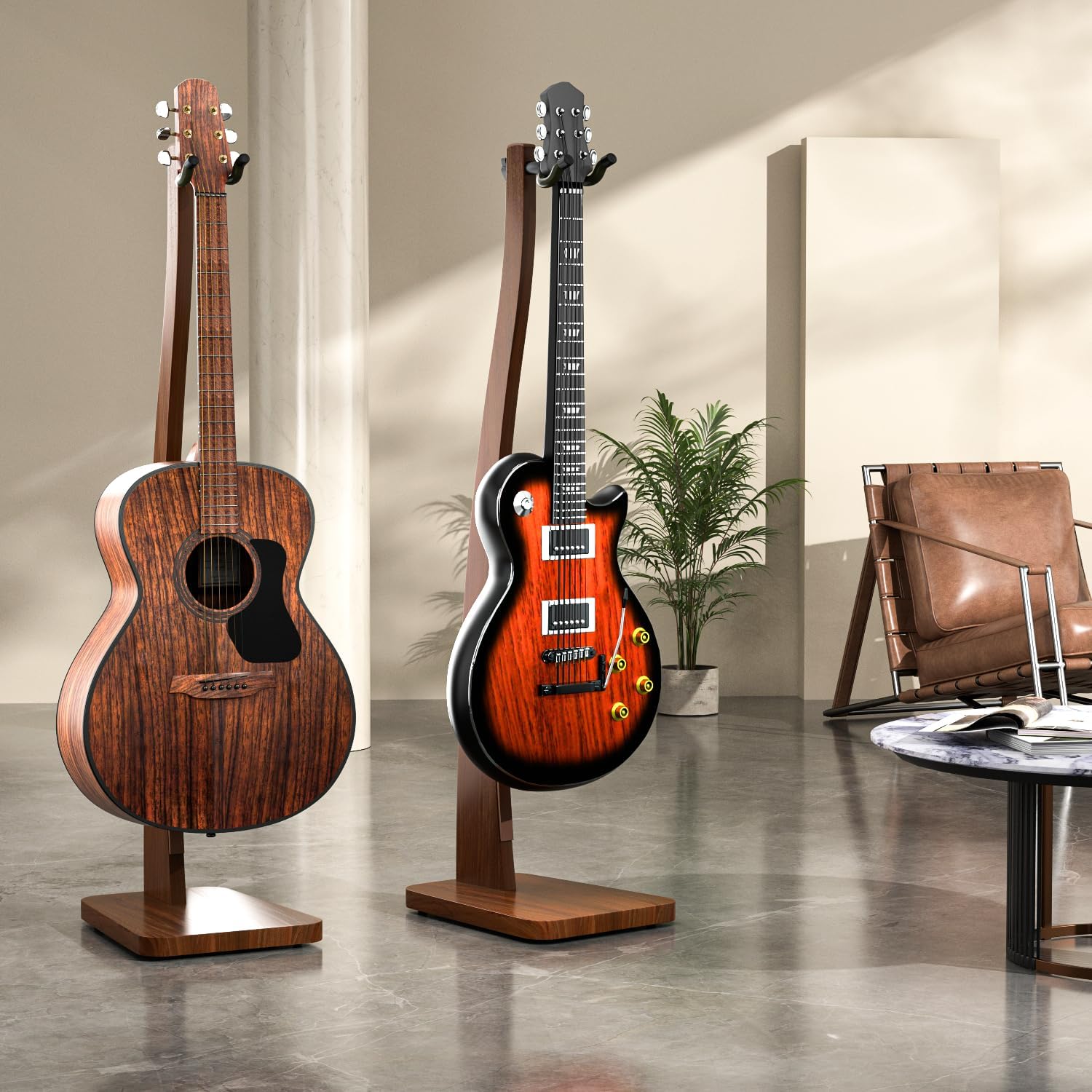 Guitar Stand, Acoustic Guitar Stand Floor, Premium Solid Wood Guitar Stand, Single Guitar Holder Stand for Acoustic Guitar, Electric Guitar, Bass Guitar, Semi Curved Hanging Guitar Stands for Studio, Living Room, American Black Walnut