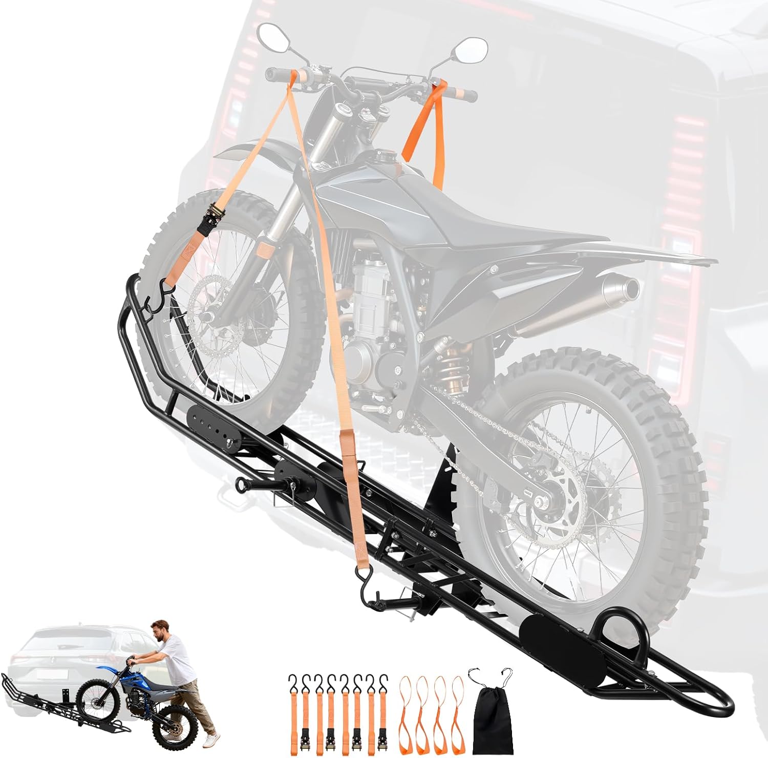 VEVOR Motorcycle Carrier, 500 lbs Capacity, Heavy Duty Steel Hitch Mount Rack with Anti-Tilt Lock Device, Straps & Stabilizer, Scooter Dirt Bike Trailer Hauler for Car Truck with 2-Inch Hitch Receiver