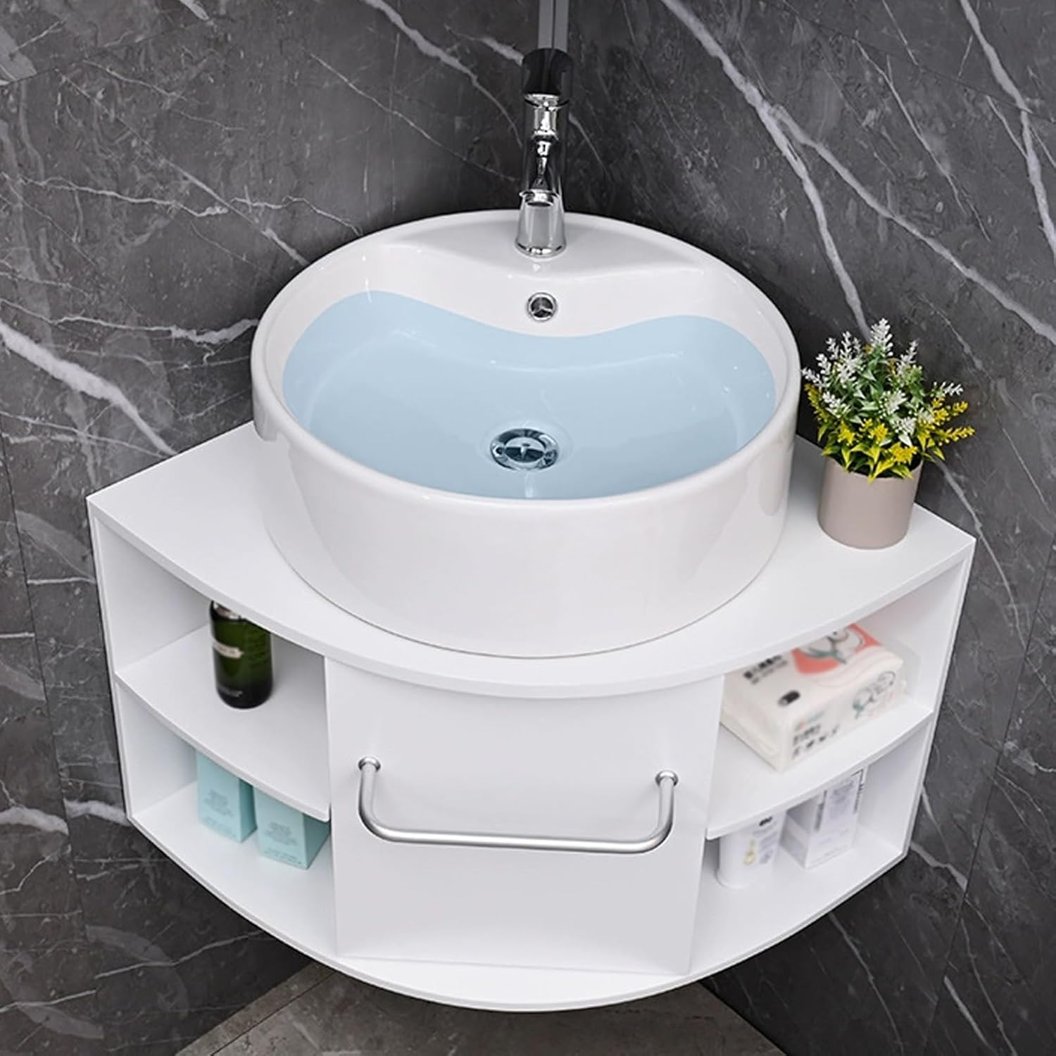 Corner Bathroom Sink, Wall Mount Corner Bathroom Vanity, Ceramic Sink Cabinet with Storage Container, Triangle Shaped Wash Basin for Home,55cm/21.6in