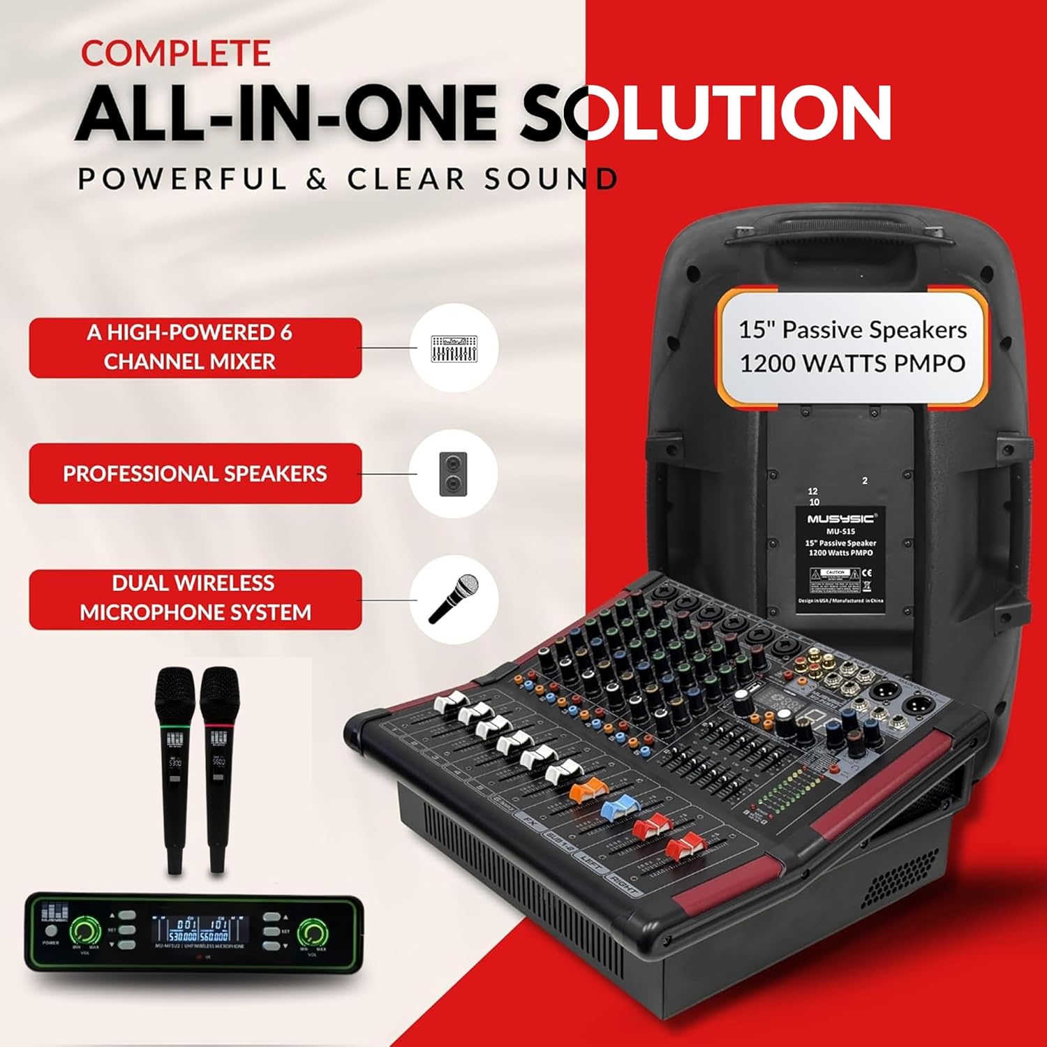 MUSYSIC Portable PA System with Wireless Microphone and Speakers – 6 Ch Audio Mixer with Built-in 2000W Amp & Wireless UHF Microphone System, Multiple Inputs, Complete w/Stands - 15