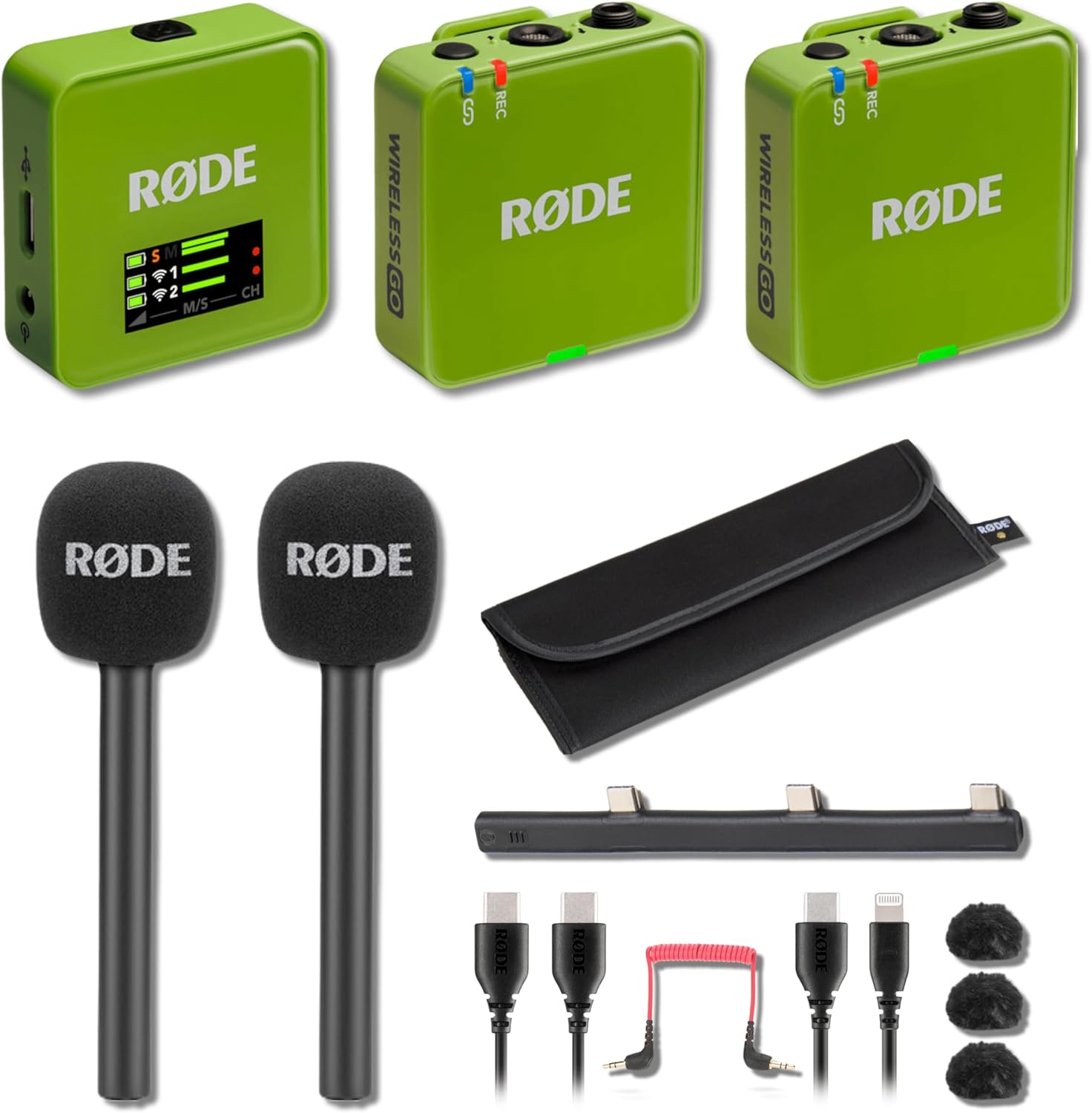 Rode Wireless GO (Gen 3) Compact Wireless Microphone System (Green) with 2X Interview GO Handheld Adapters