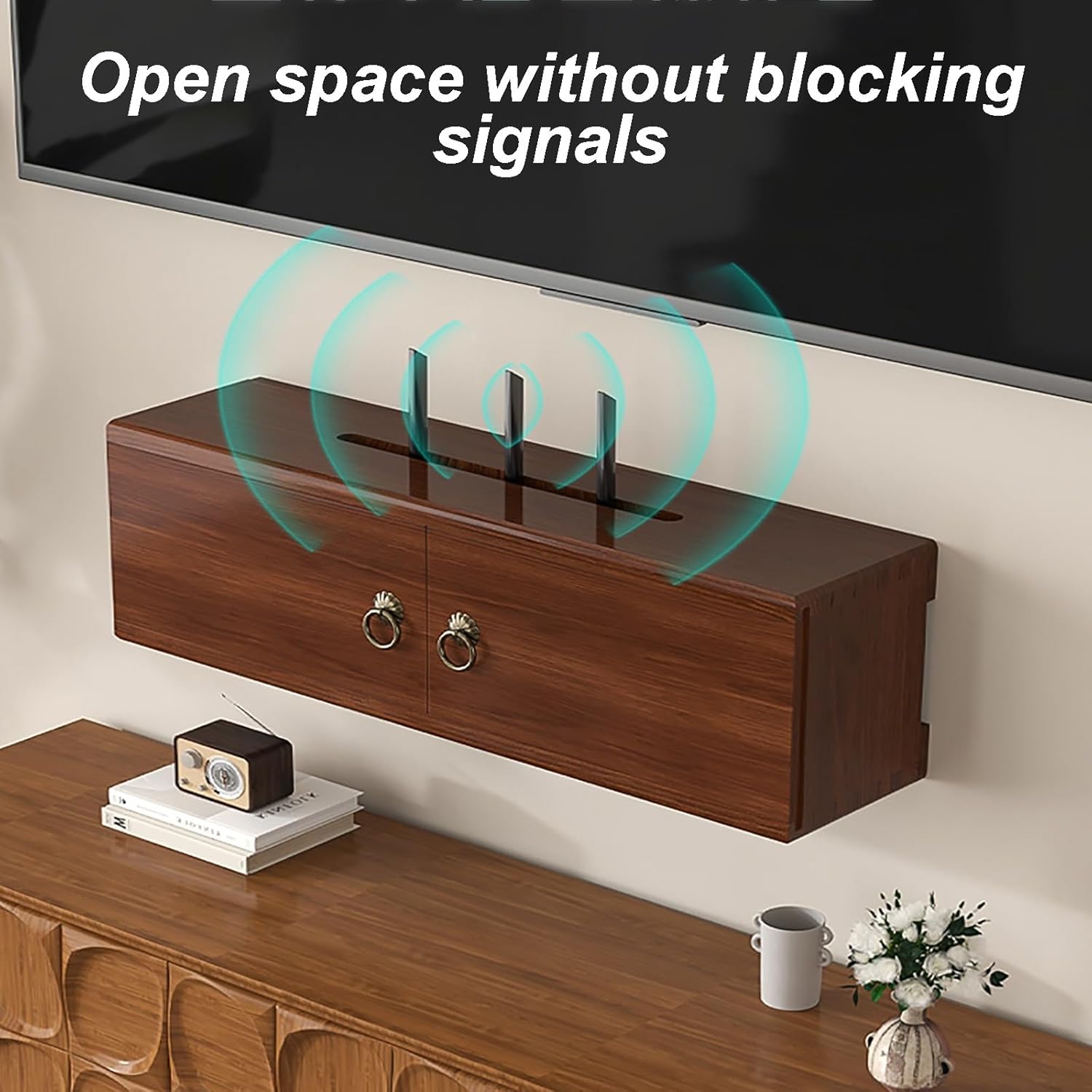 Router Shelf Wall Mount, Wooden WiFi Router Storage Box, Home Media Storage Cabinet for Living Room, No Signal Blocking, No Assembly Required(Walnut Color,48cm)