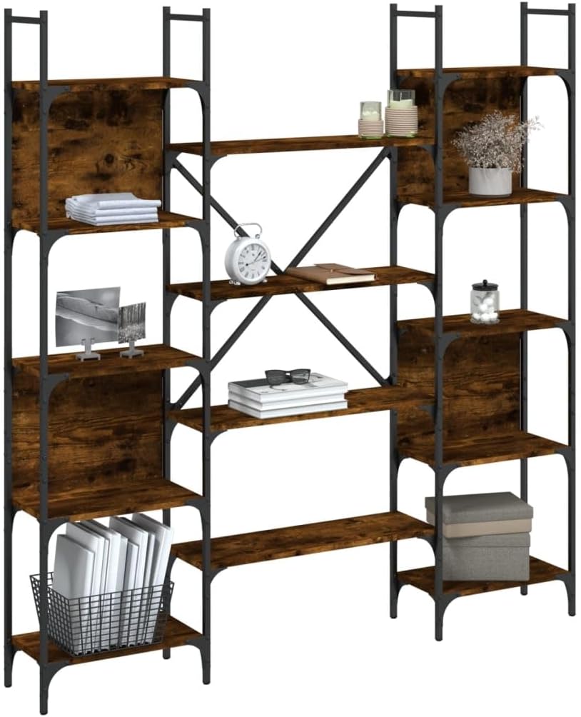65.6 inch Large Modern Brown Engineered Wood Bookshelf with 8 Tier Shelves & Steel Frame, Tall Freestanding or Wall Mount Bookcase for Living Room Bedroom Office