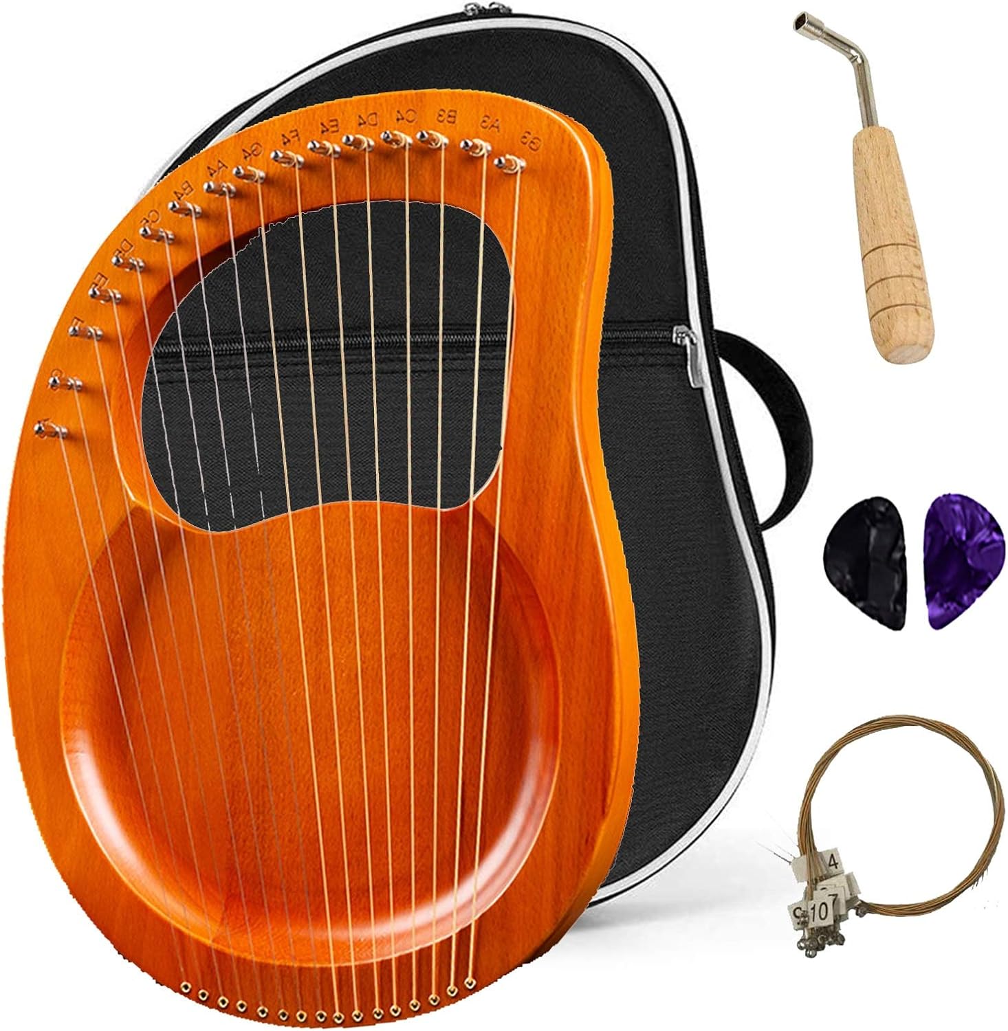 Lyre Harp 19 Metal Strings Heptachord Mahogany Solid Wood String Instrument with Tuning Key and Bag,Best Gift for Beginners, Music Lovers, Kids,Adults (Color : Yellow)