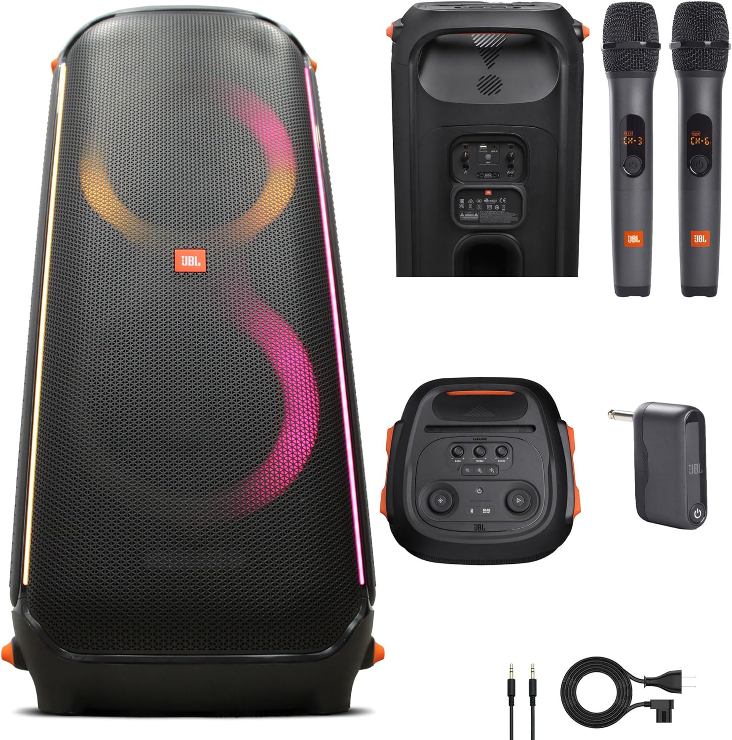 JBL PartyBox 710 800W Wireless, Bluetooth, Splashproof, Speaker with Lights (JBLPARTYBOX710AM) + Wireless Two Microphone System with Receiver + AUX Cable + Microfiber Cloth