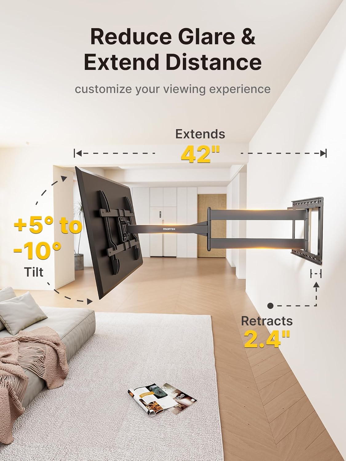 monTEK Long Arm TV Wall Mount for Most 43-80 Inch TVs, 42 Inch Long Extension TV Mount Swivel and Tilt, Full Motion Wall Mount Tv Bracket Fit Max VESA 600 x 400mm, Up to 110 lbs, 16”,18” Studs