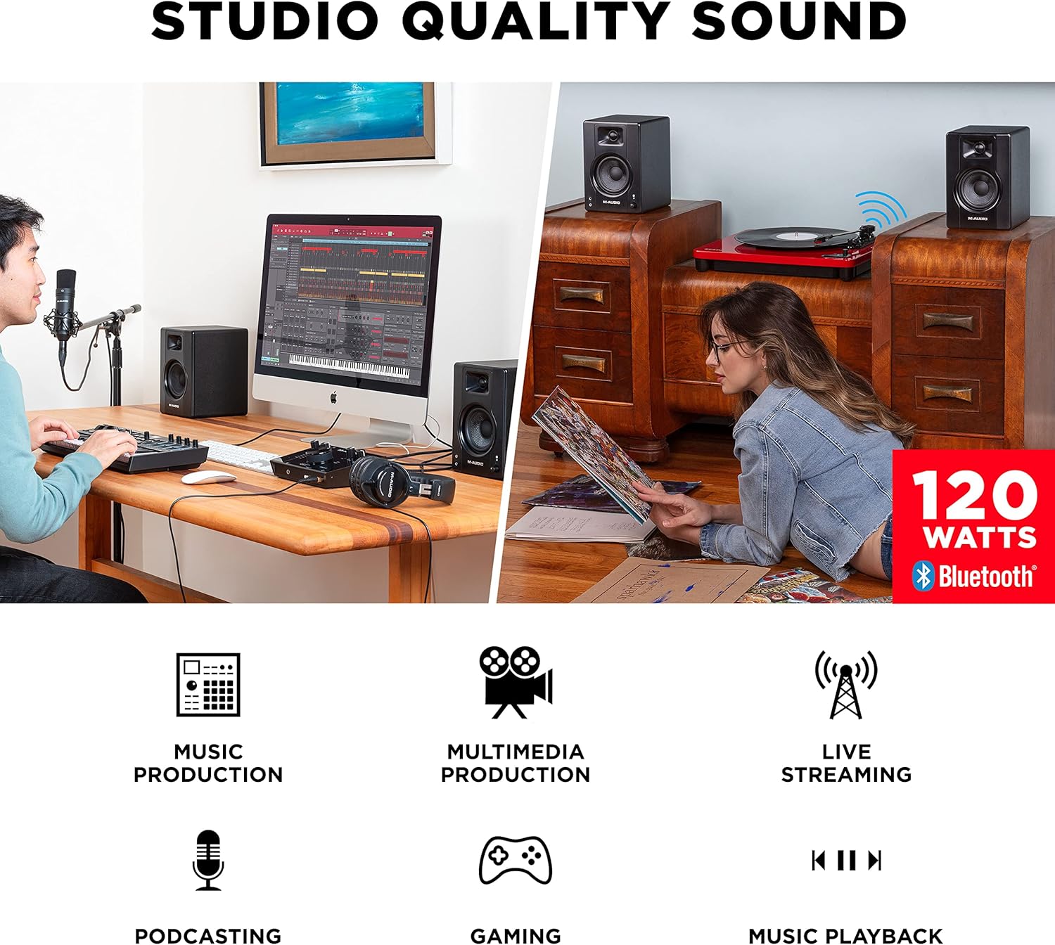 M-AUDIO BX3 Pair Bluetooth Studio Monitors Bundle with Headphones for Studio Recording, Music Production, Podcasting, Streaming