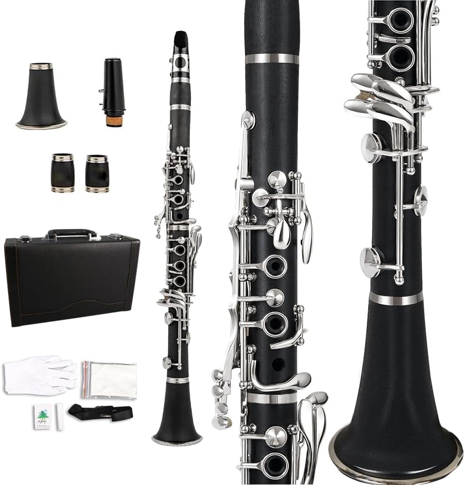 C-Flat Clarinet Silver Nickel Keys Woodwind Band & Orchestra Musical Instruments for Beginners Includes Case& Cleaning Kit Silver keys Orchestra Musical Instruments (01)