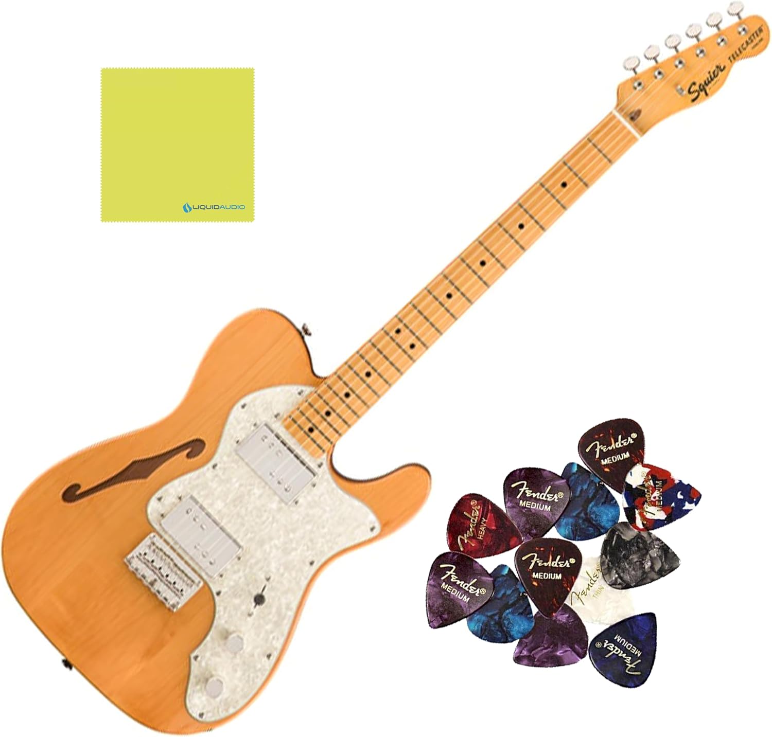 Squier Classic Vibe '70s Telecaster Thinline®, Maple Fingerboard, Natural - 0374070521 Bundle w/ 12-Pack Guitar Pick and Liquid Audio Polishing Cloth