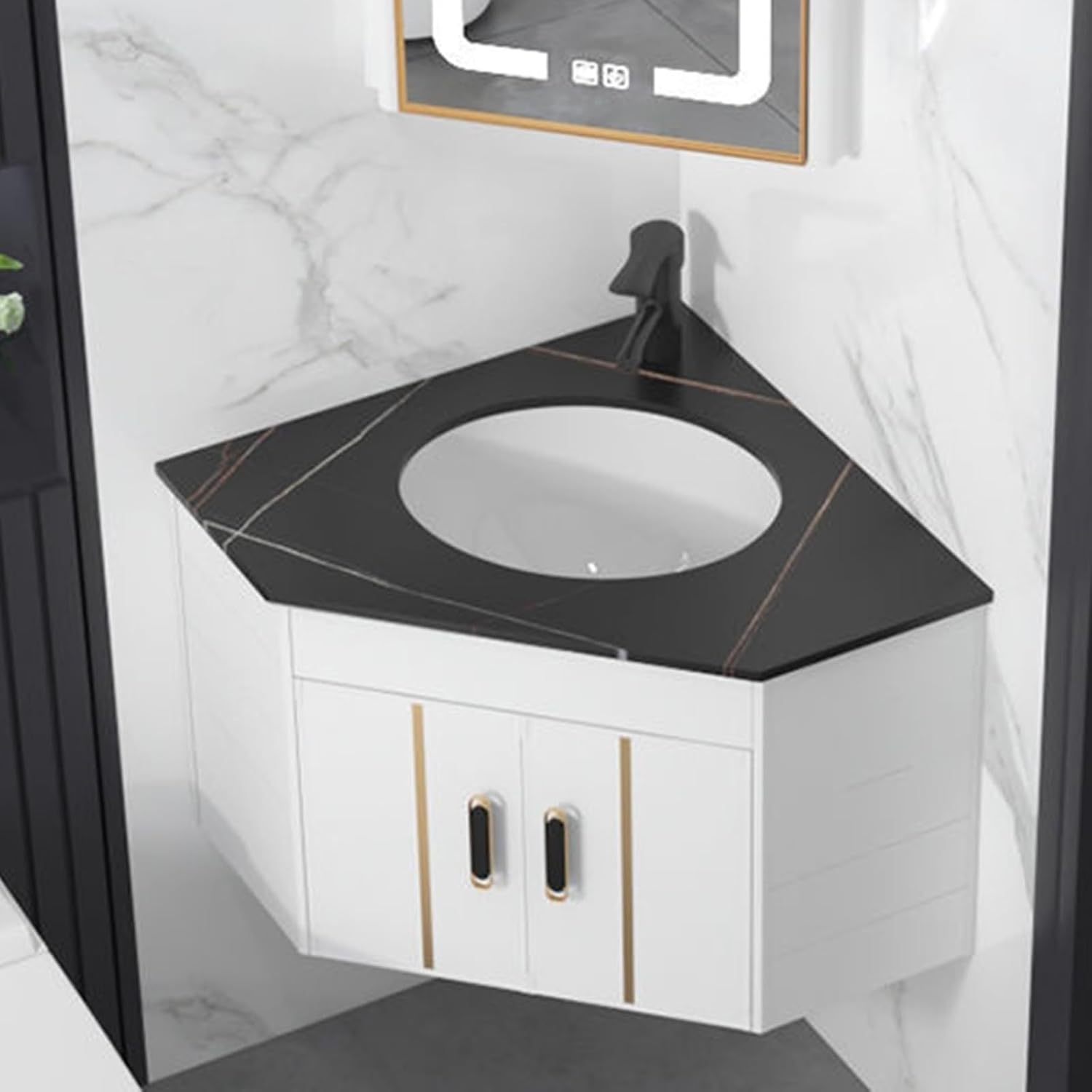 Corner Bathroom Vanity Cabinet with Sink, Wall Mount Bathroom Sink for Small Space, Utility Washing Hand Basin Design, for Home Kitchen Patio Room(Size:Black White)
