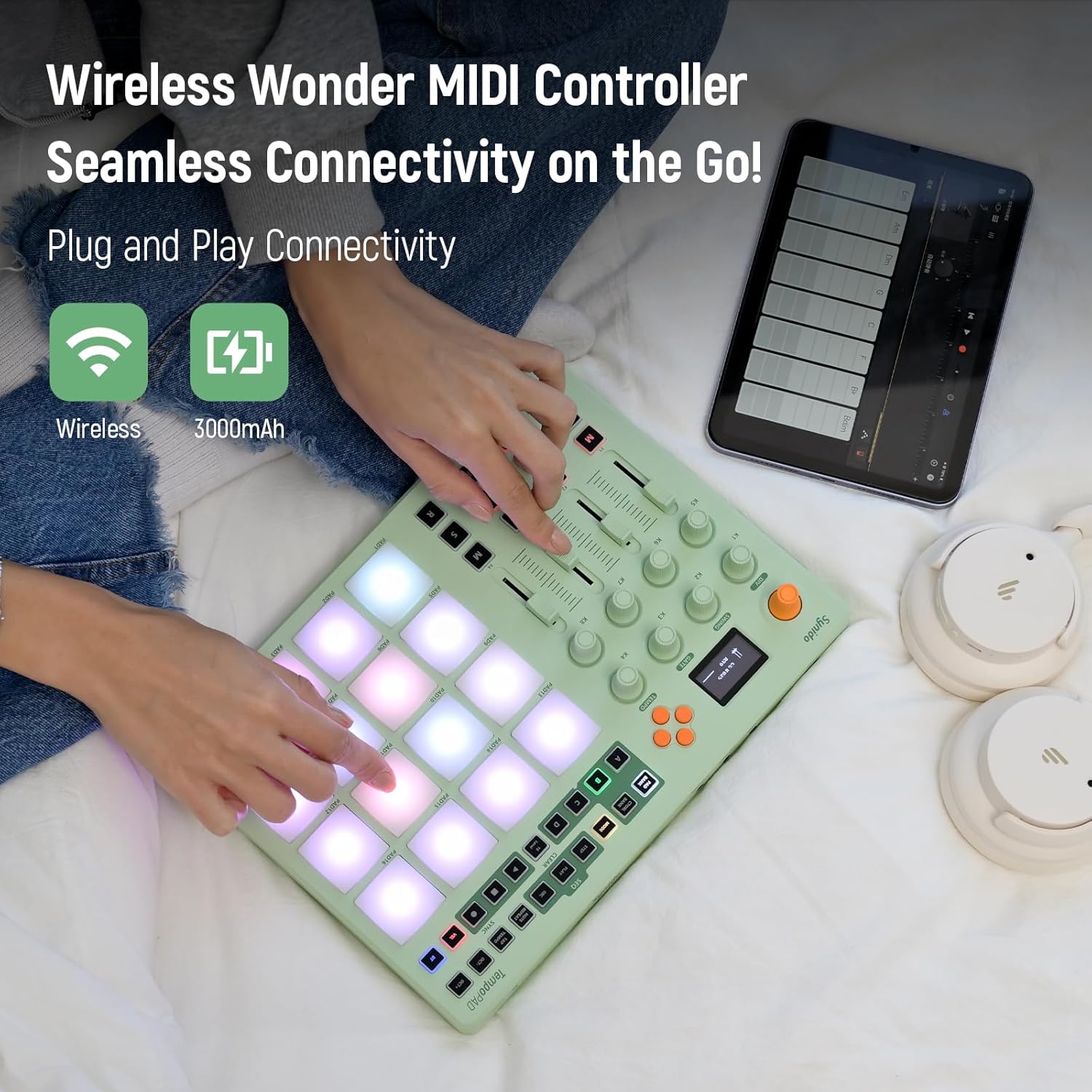 Midi Pad Controller, Portable Beat Maker Machine with Drum Pads, Beginners Beating Pad Velocity Sensitive, LED Display for Music Production (Wireless MIDI)
