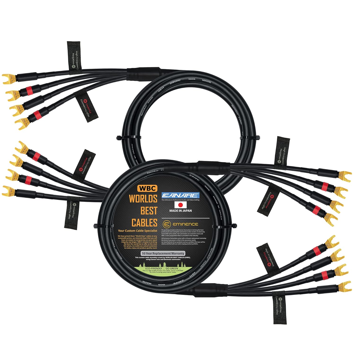 WORLDS BEST CABLES 3 Foot - Canare 4S11 – Audiophile Grade - HiFi Star-Quad Bi-Amp Speaker Cable Pair with Eminence Gold Spade Connectors