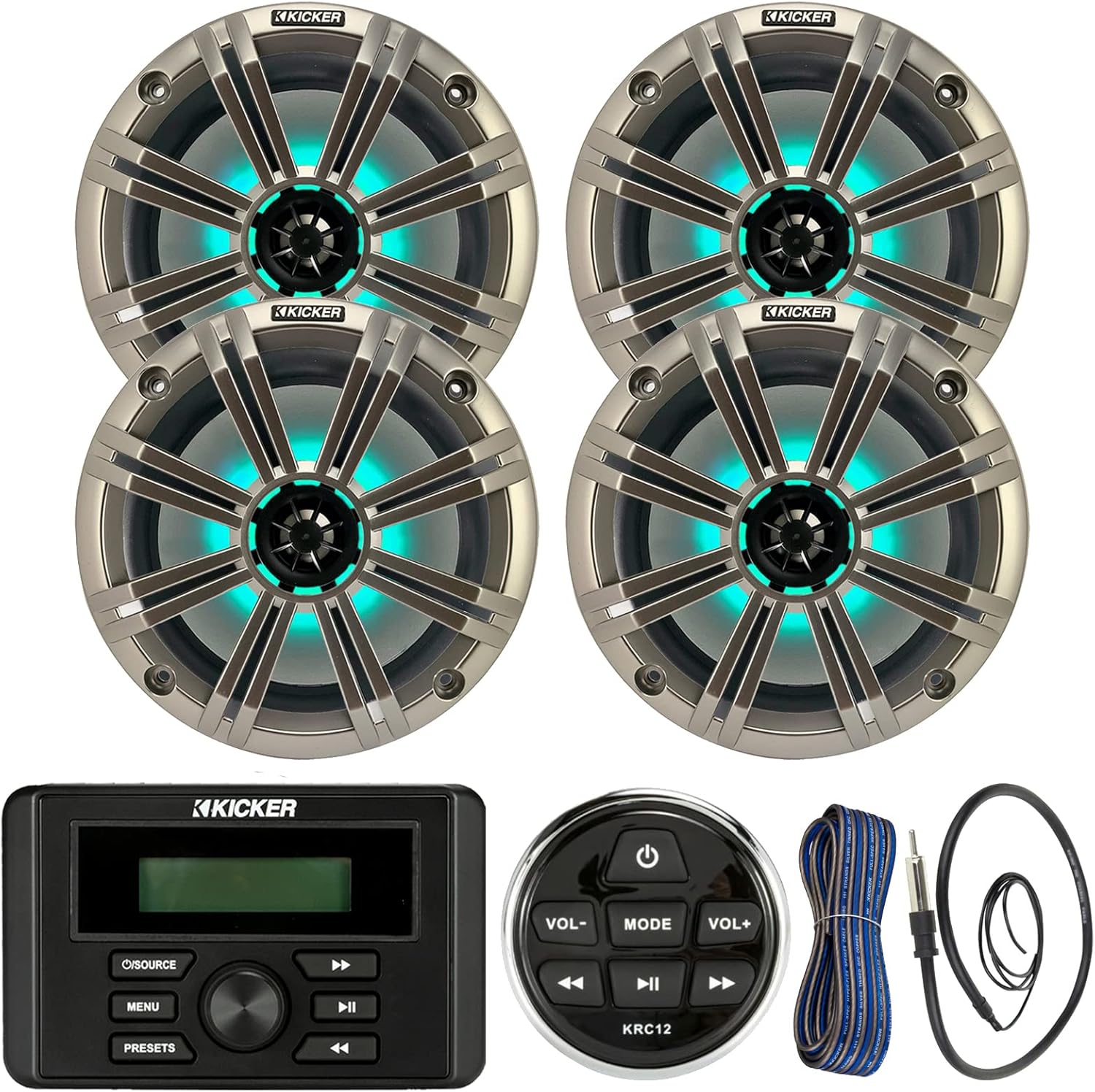Kicker Weather-Resistant Marine Bluetooth USB RCA Stereo Receiver w/Remote Bundle with (QTY 4) 8