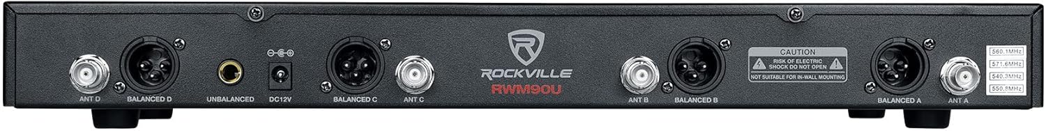 Rockville RWM90U Quad UHF Wireless Microphone System (4 Mics), LCD Display, Metal Casing, 467-491 MHz, 400 ft Range Indoor, Automatic Pairing, for Events and Performances