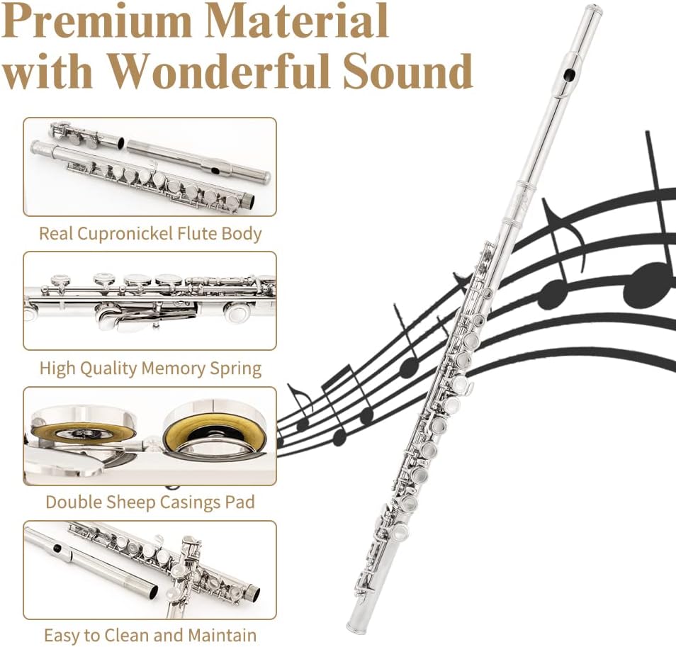 Closed Hole C Flute 16 Keys Instrument for Student Beginners with Cleaning Kit, Stand, Carrying Case, Gloves and Tuning Rod