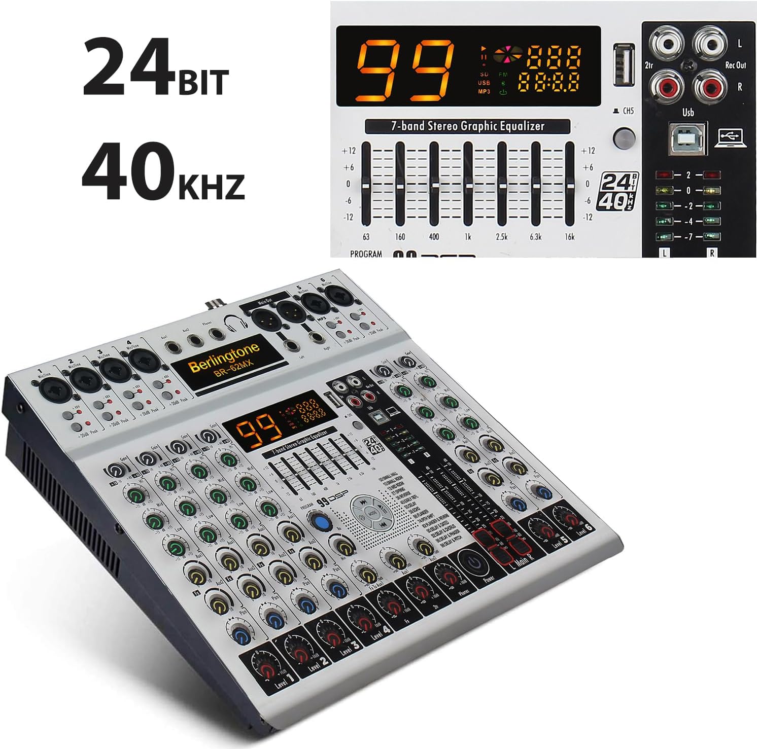 -Berlingtone 6/8 Channel Professional Audio Mixer Sound Board Console Desk, Bluetooth connection, System Interface, USB MP3, 48V Phantom Power, 99Bit DSP Processor, Computer Input,7 band EQ (BR062MX)