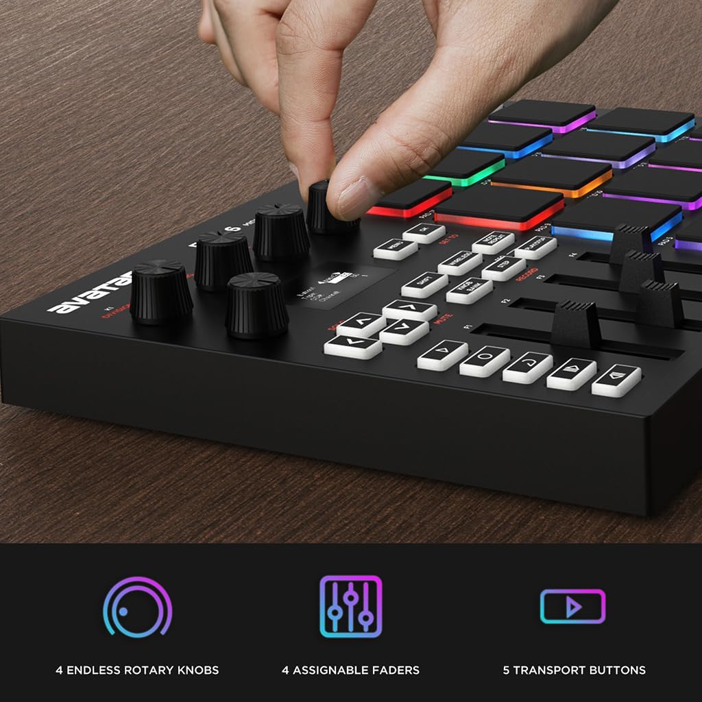 EMP16 MIDI Pad Controller Beat Maker Machine With Bluetooth, 16 RGB Velocity Sensitive Beat Pads, 16 Level, Full/Half Level, OLED Display, MIDI In/Out