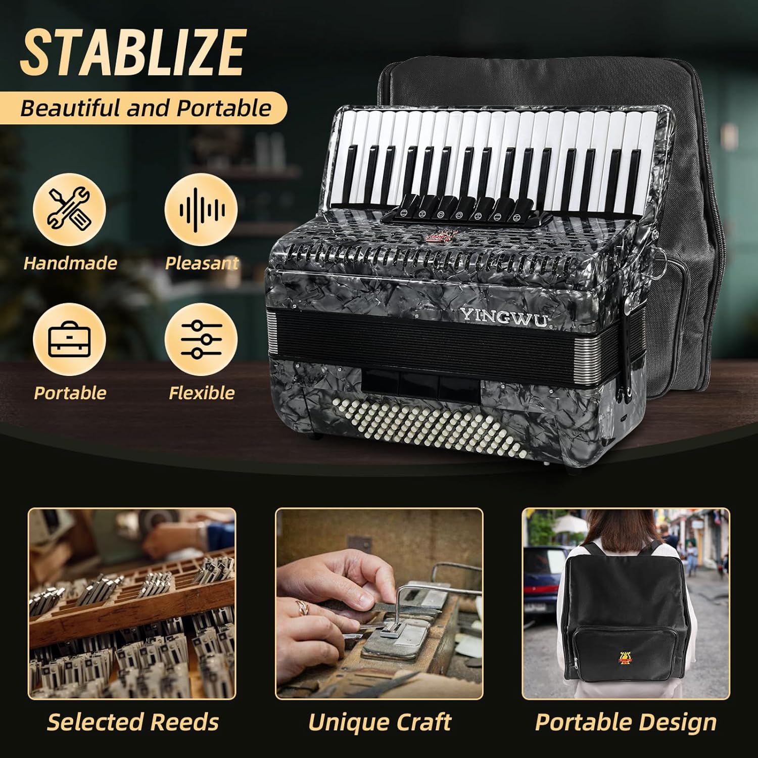 Accordion, 37 Keys 96 Bass Professional Accordion for Beginners and Advanced Players with Backpack and Strap (Gray)