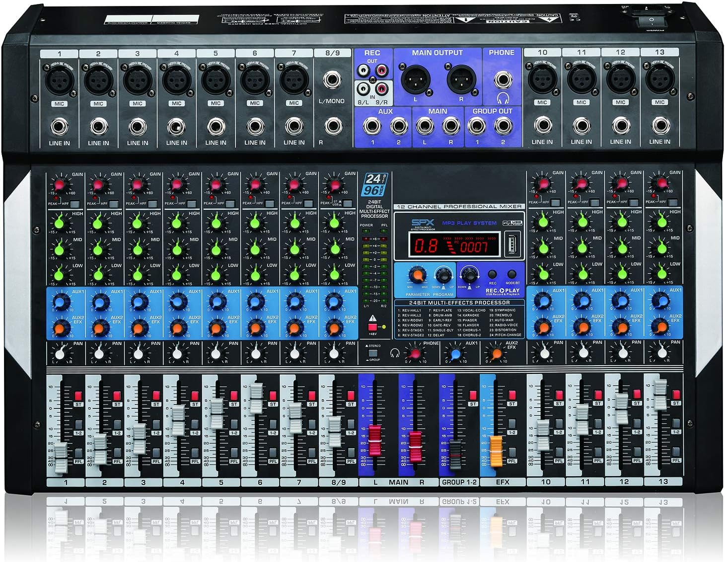 Boytone 12 Channel Bluetooth Studio Audio Mixer - DJ Sound Controller, USB MP3 Player, PC Recording, 96 KHZ, 11 Microphone Jack, 48V Phantom Power, 24BIT Digital Effect, Metal chassis, unpowered