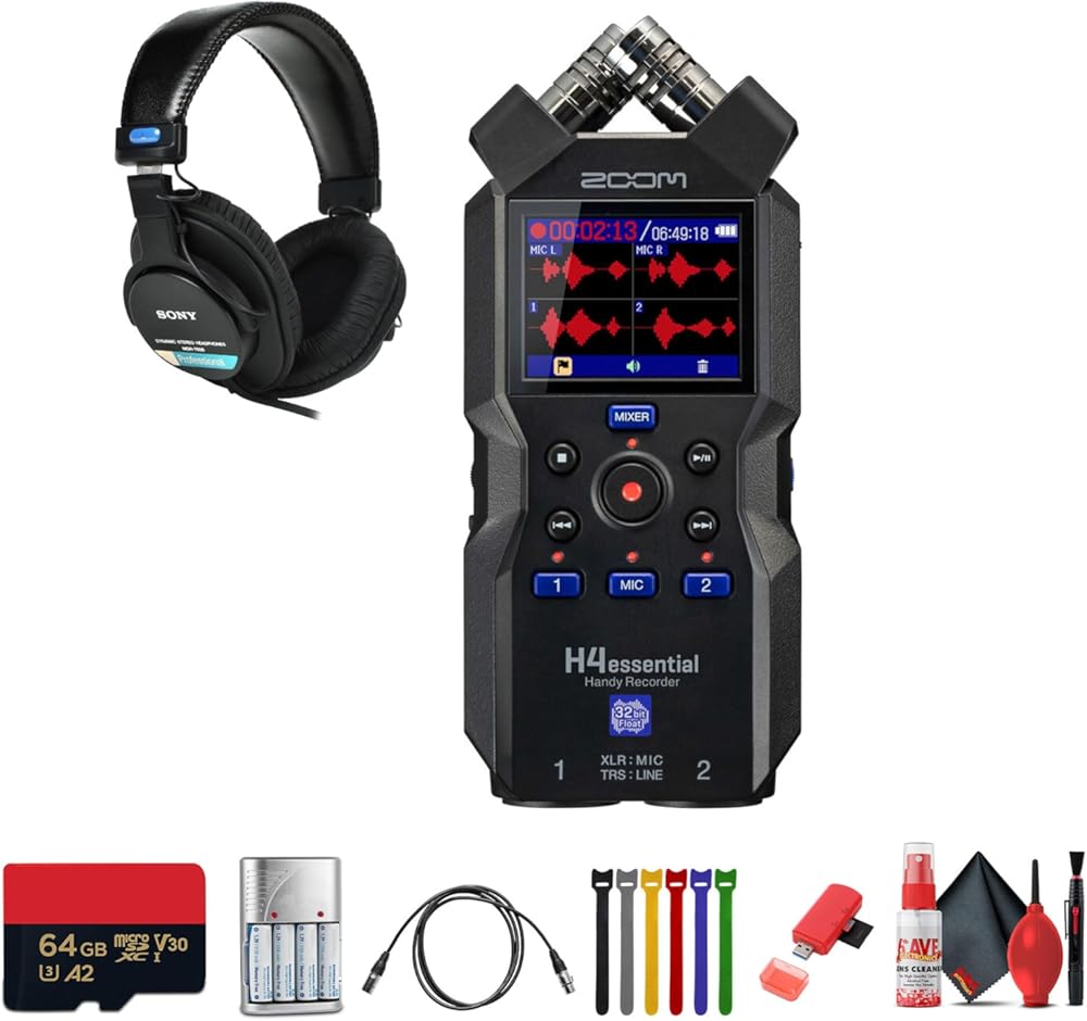 Zoom H4essential 4-Track 32-Bit Float Portable Audio Recorder Bundle with MDR-7506 Professional Stereo Headphones + More