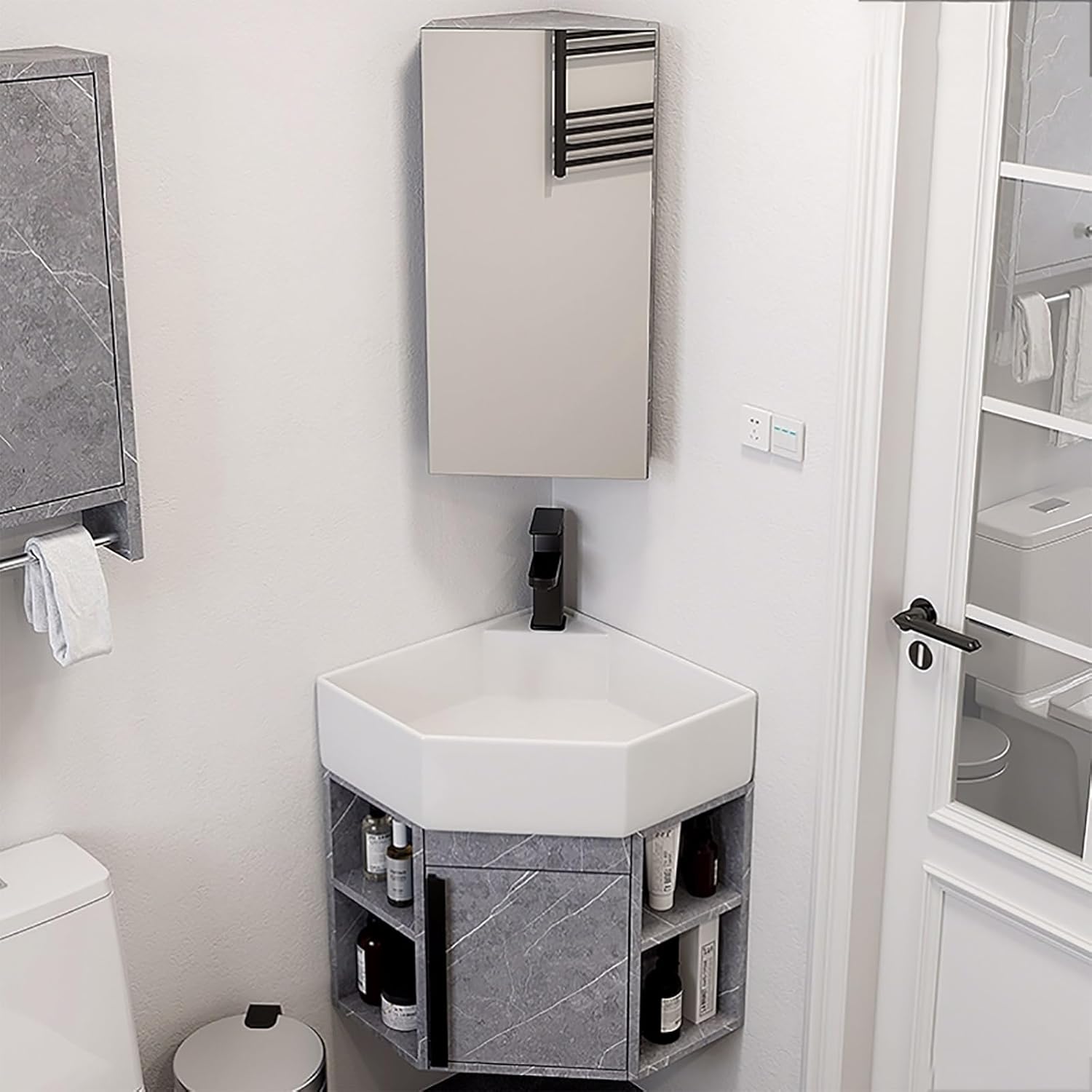 Corner Wall Mount Bathroom Sink Corner Bathroom Sink Corner Ceramic Sink Corner Bathroom Vanity Corner Bathroom Vanity with Sink Corner Balcony Sink with Storage Container(17.7in/45cm)