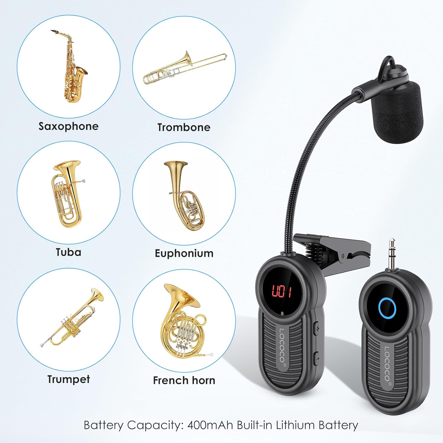 Wireless Saxophone Microphone System for Instruments: UHF Rechargeable Instruments Microphone Receiver and Transmitter - 160ft Range. Plug and Play - Clip-on Mics Suitable for Sax Trumpet, Trombone